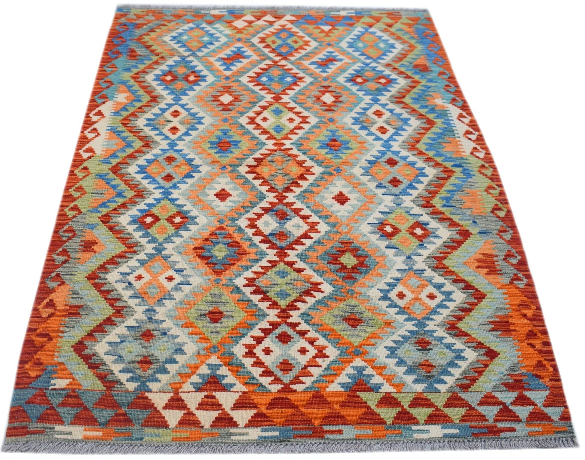 Handwoven Afghan Maimana kilim rug featuring a colorful geometric diamond pattern.
