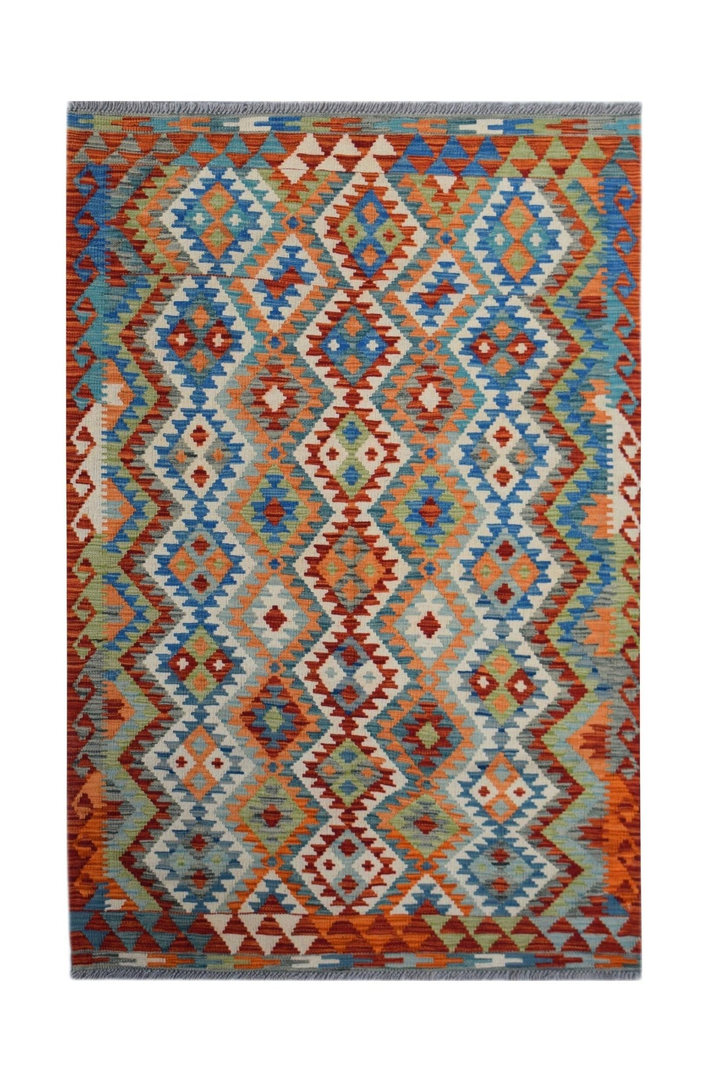 Handwoven Afghan Maimana kilim rug featuring a vibrant geometric diamond pattern in wool.