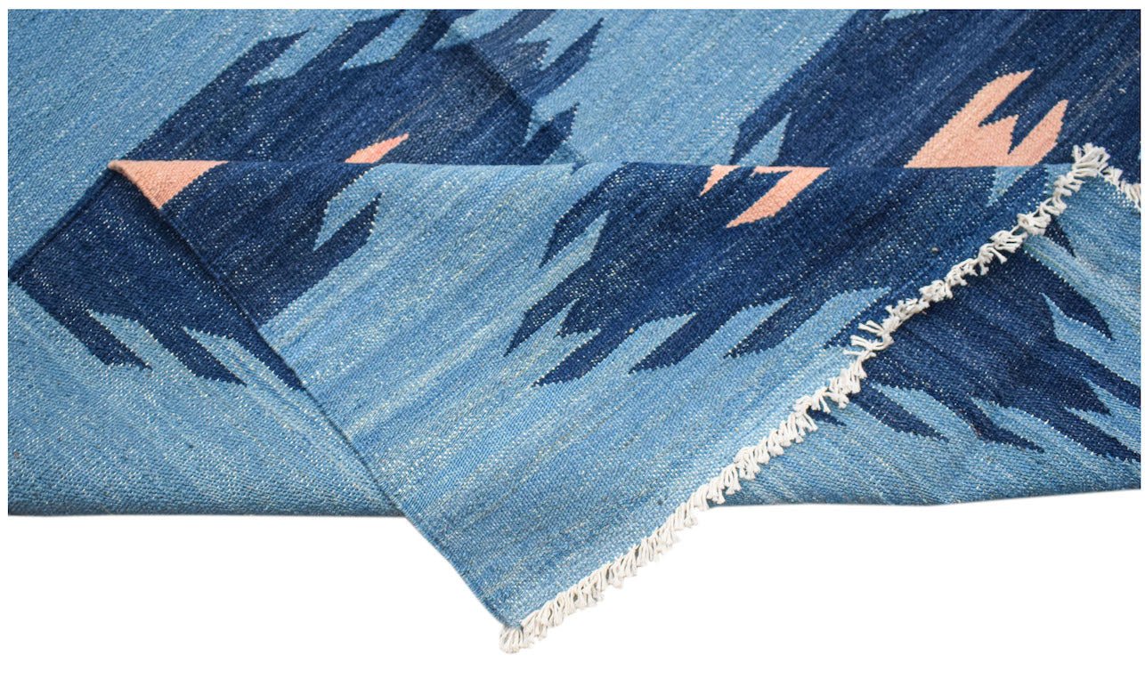 Afghan Maimana Kilim with blue and pink geometric pattern.
