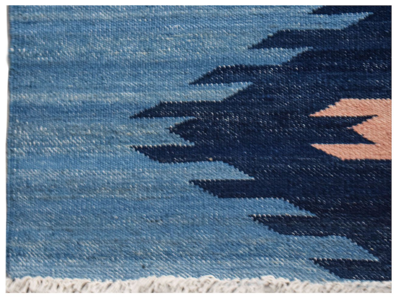 Afghan Maimana Kilim with geometric blue and pink pattern.
