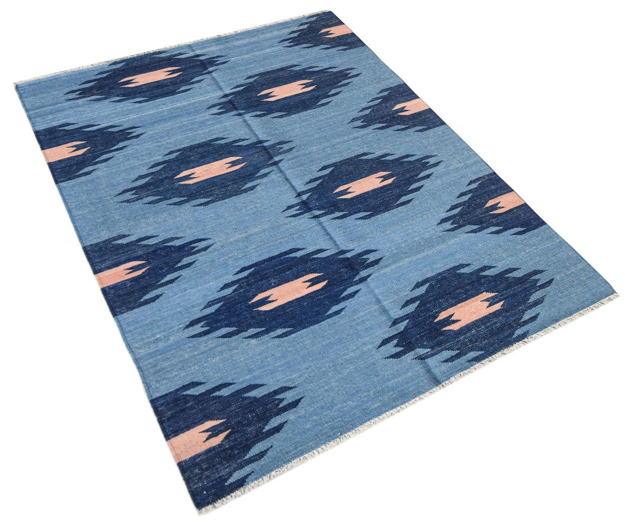 Handwoven Afghan Maimana kilim rug featuring a blue background with repeating dark diamond patterns.