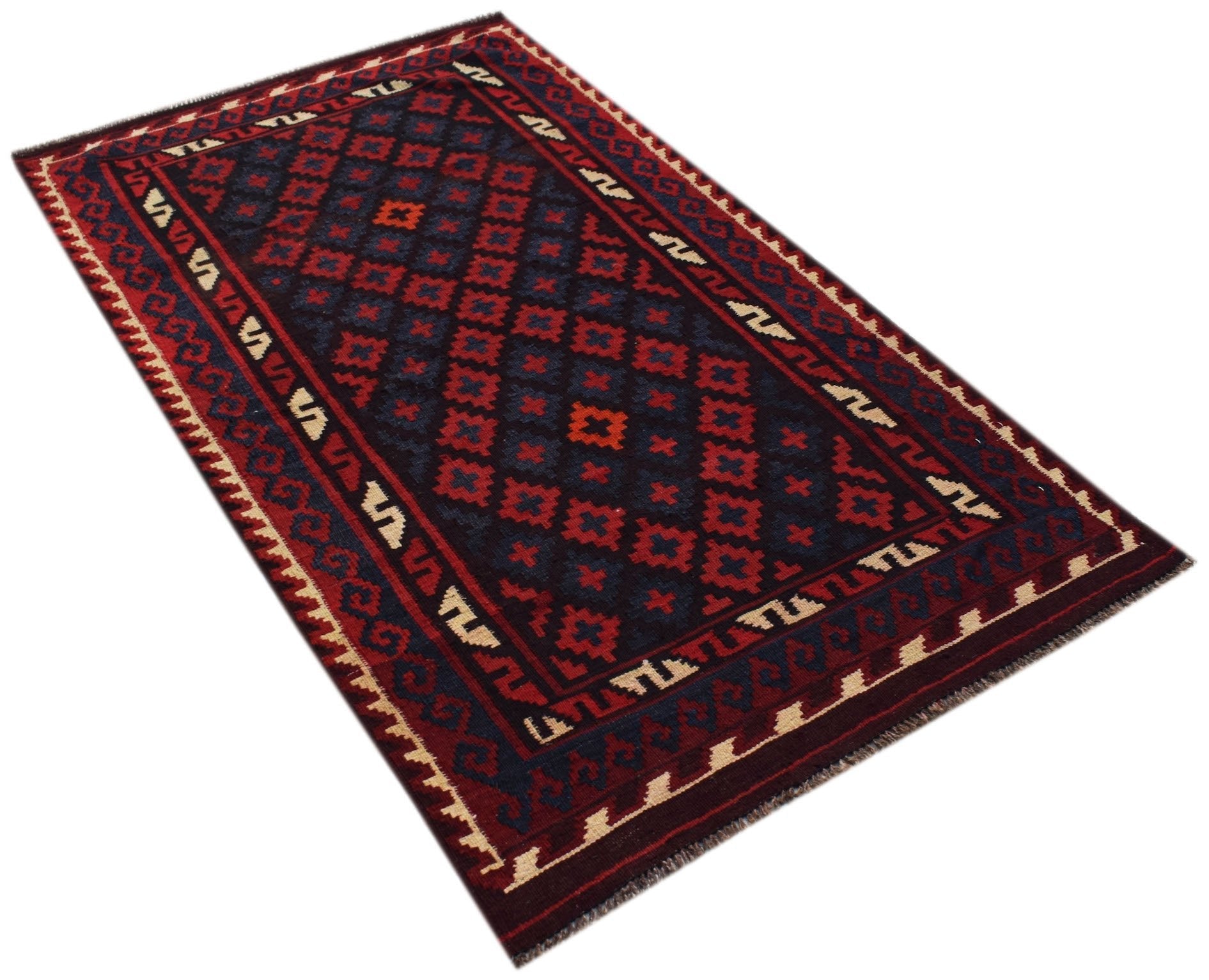 Handwoven Afghan Maimana kilim rug featuring a geometric diamond pattern in red and dark blue.