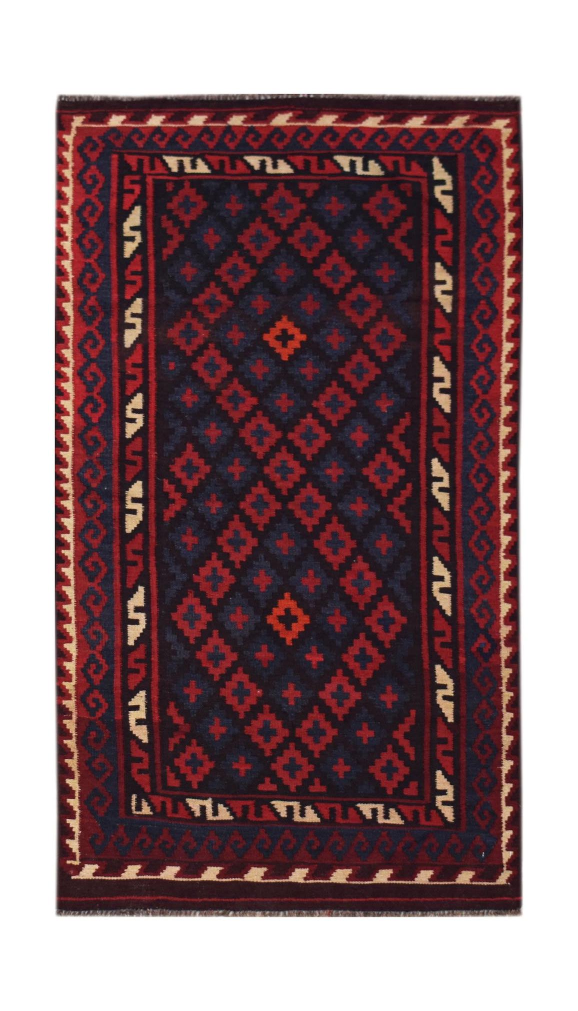 Handwoven Afghan Maimana kilim rug featuring a dark blue field with red geometric diamond patterns.