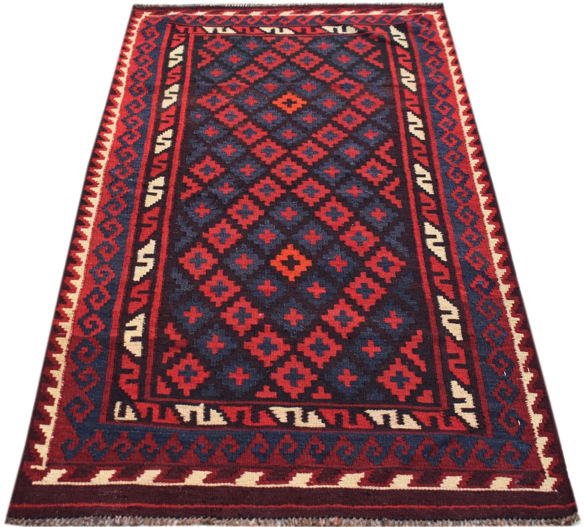 Handwoven Afghan Maimana kilim rug featuring a geometric diamond pattern in red and blue wool.