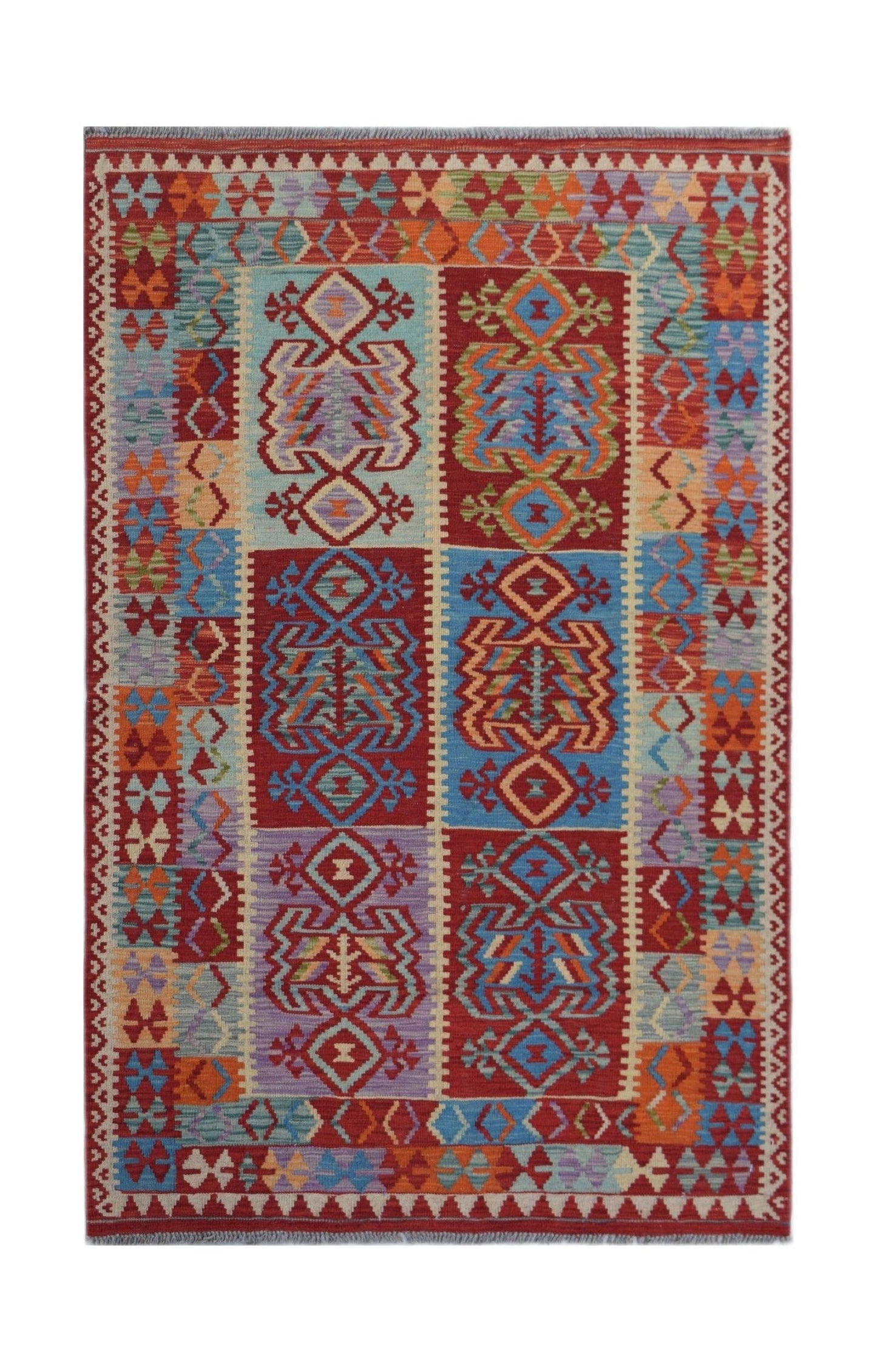 Handwoven Afghan Maimana kilim rug featuring a colorful geometric pattern in a flatweave style.