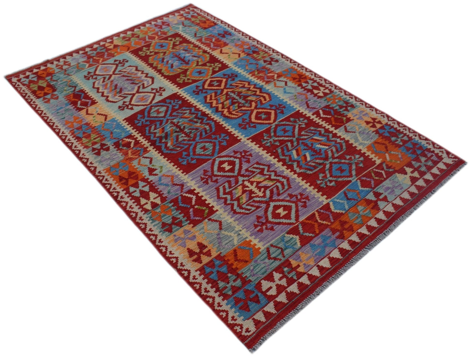 Handwoven Afghan Maimana kilim rug featuring a vibrant geometric pattern in wool.