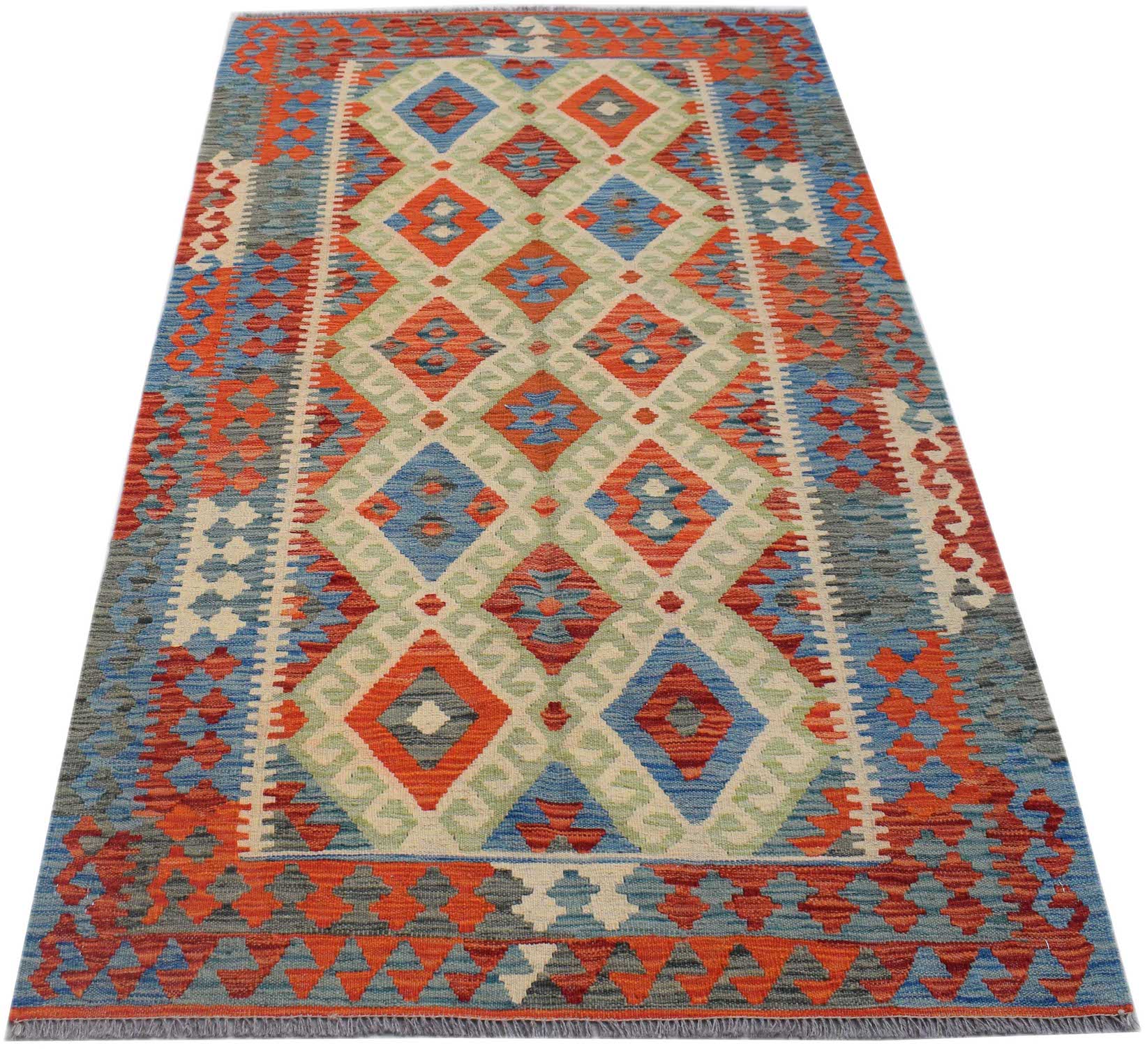 Handwoven Afghan Maimana kilim rug featuring a geometric diamond pattern in blue, red, and cream.