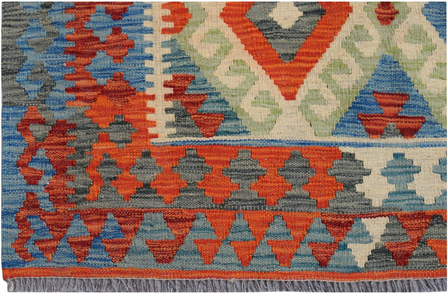 Handwoven Afghan Maimana kilim featuring a geometric pattern in vibrant orange, blue, and grey.
