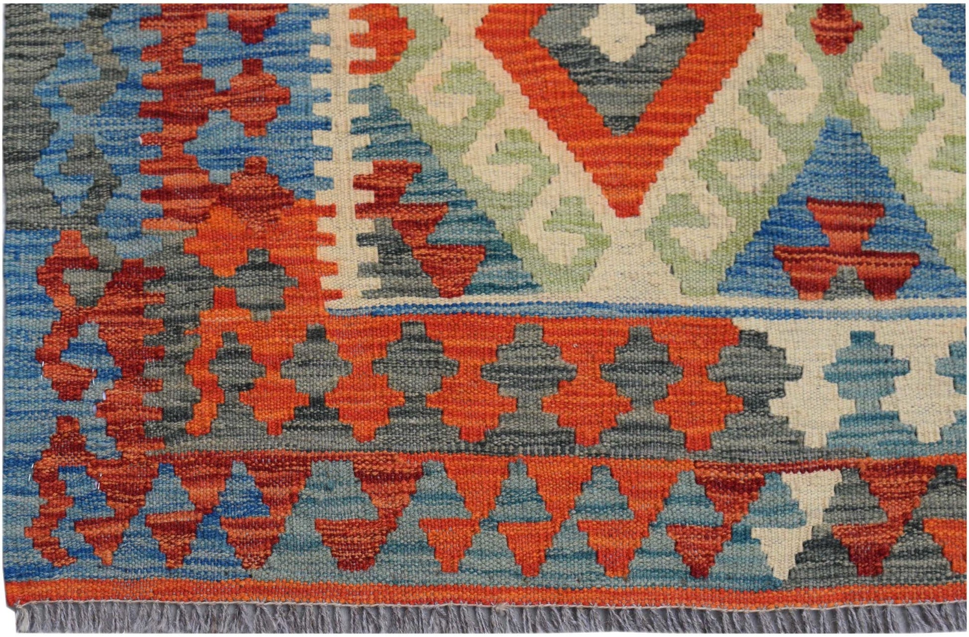 Handwoven Afghan Maimana kilim featuring a geometric pattern in vibrant orange, blue, and grey.