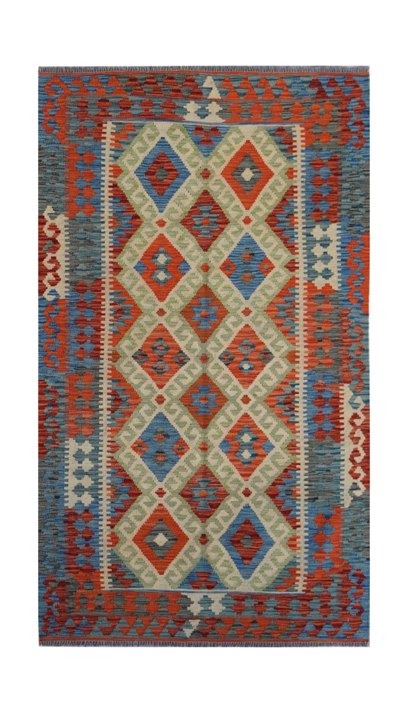 Handwoven Afghan Maimana kilim rug featuring a geometric diamond pattern in blue, red, and cream.