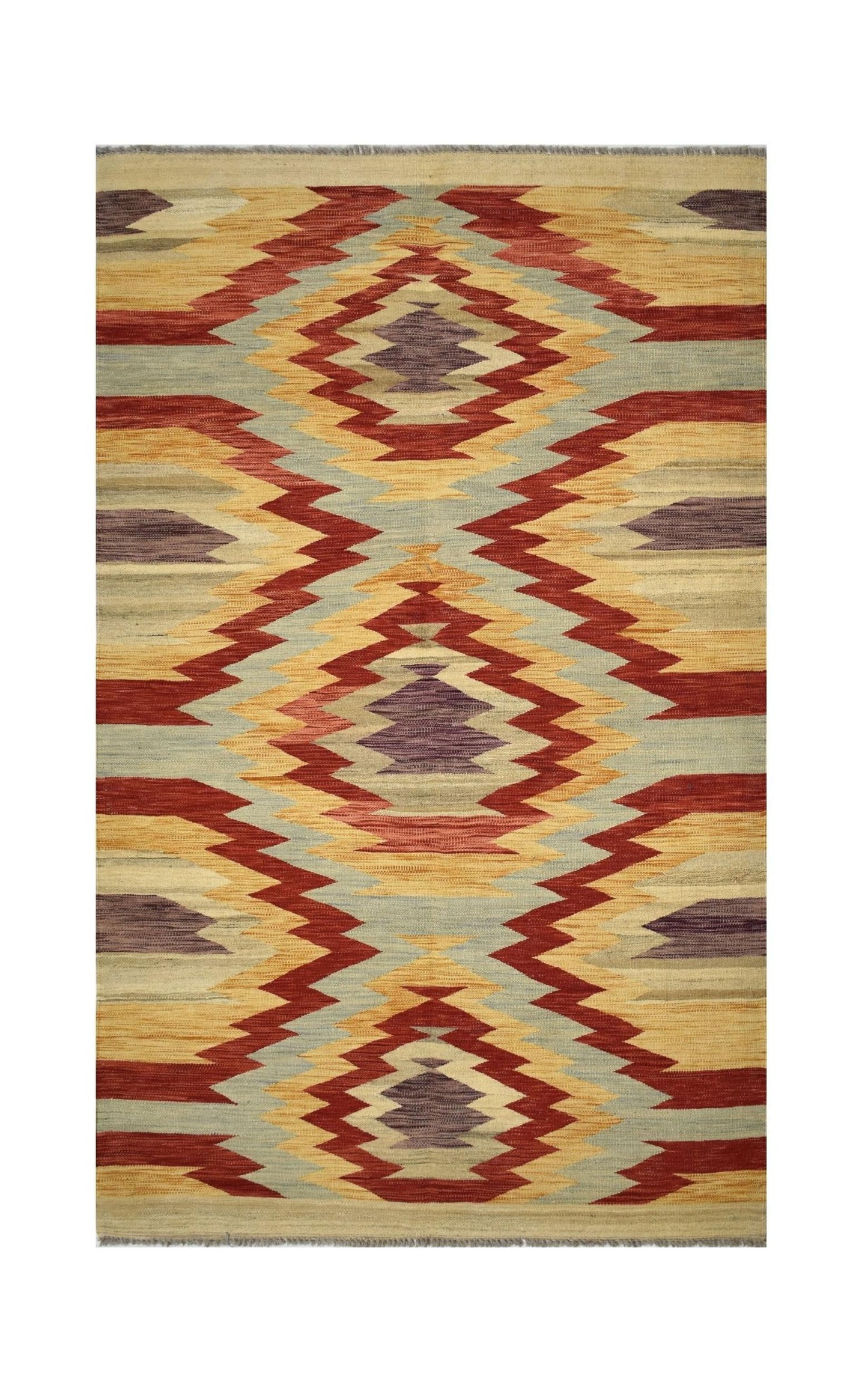 Handmade Afghan Maimana kilim rug featuring a geometric pattern in red, yellow, and purple tones.