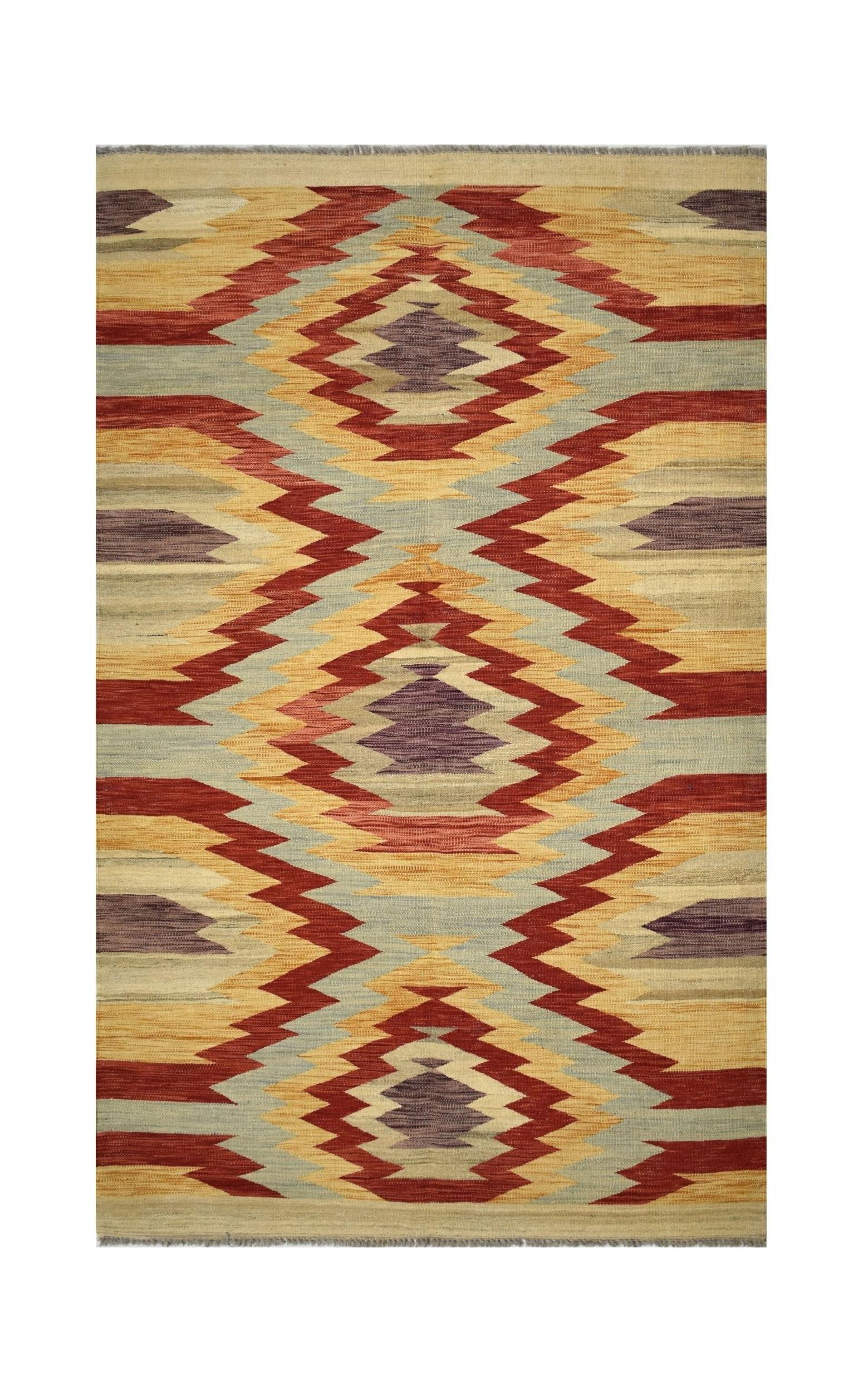 Handmade Afghan Maimana kilim rug featuring a geometric pattern in red, yellow, and purple tones.