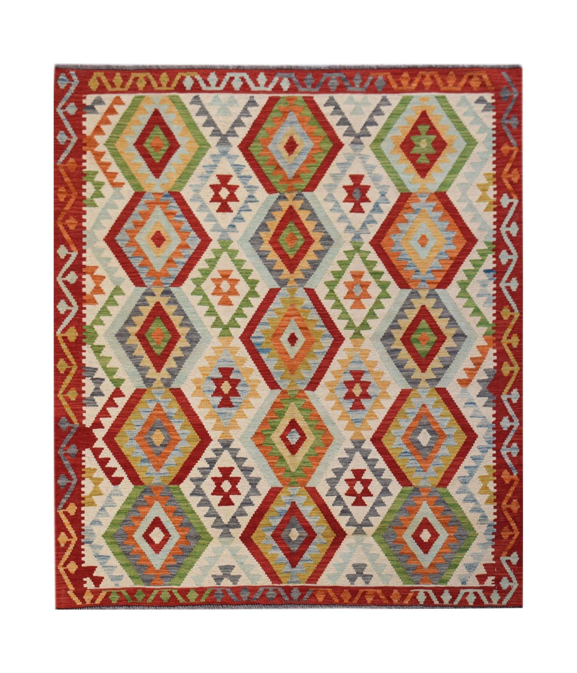 Handwoven Afghan Maimana kilim rug featuring a colorful geometric diamond pattern in wool.