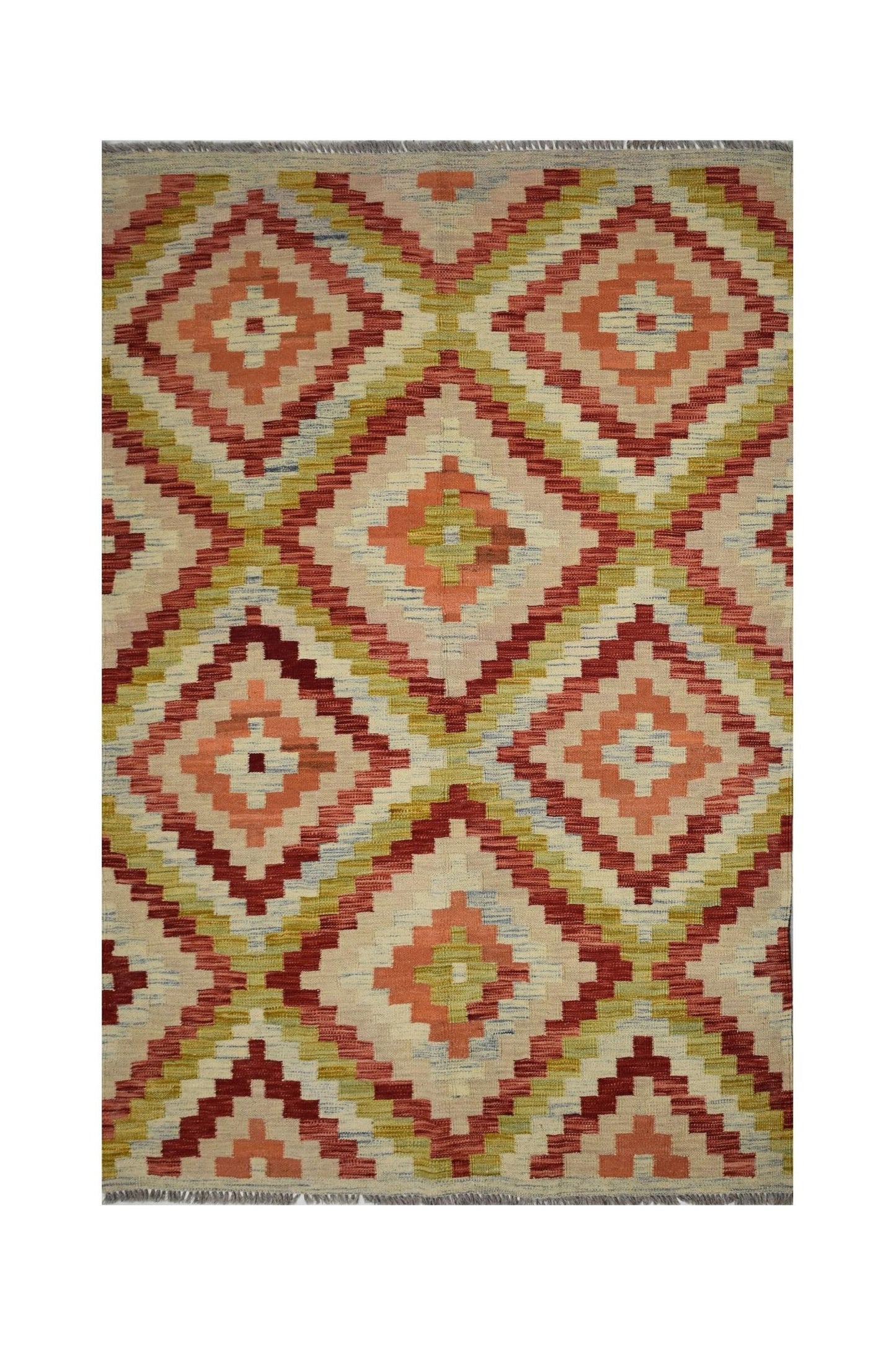 Handmade Afghan Maimana kilim rug featuring a geometric diamond pattern in warm earth tones.