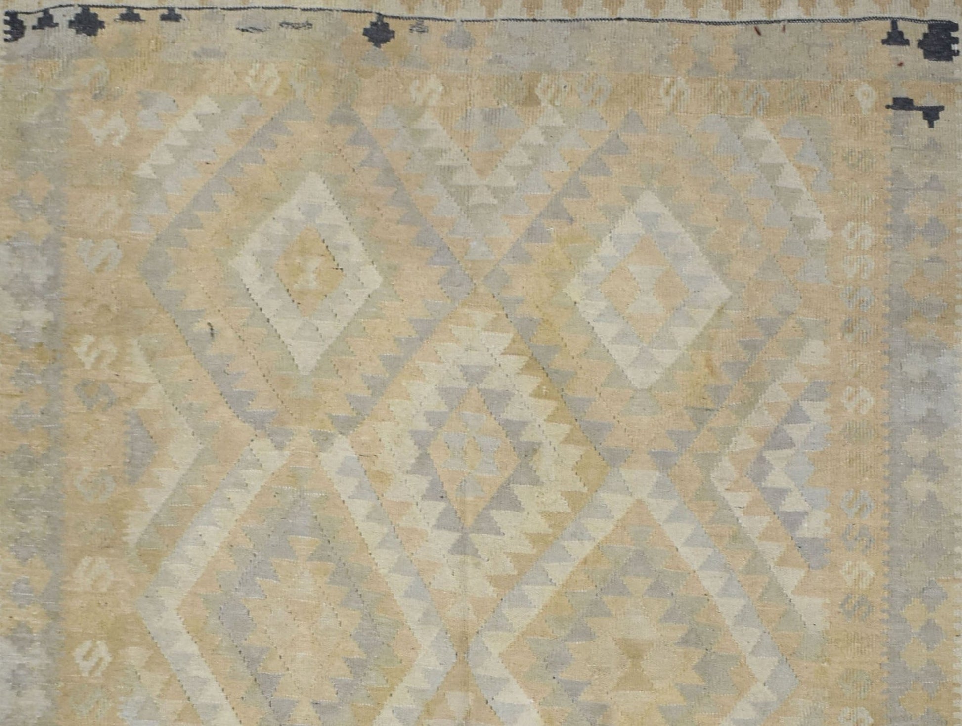 Handmade Afghan Maimana kilim rug featuring a geometric diamond pattern in neutral tones.