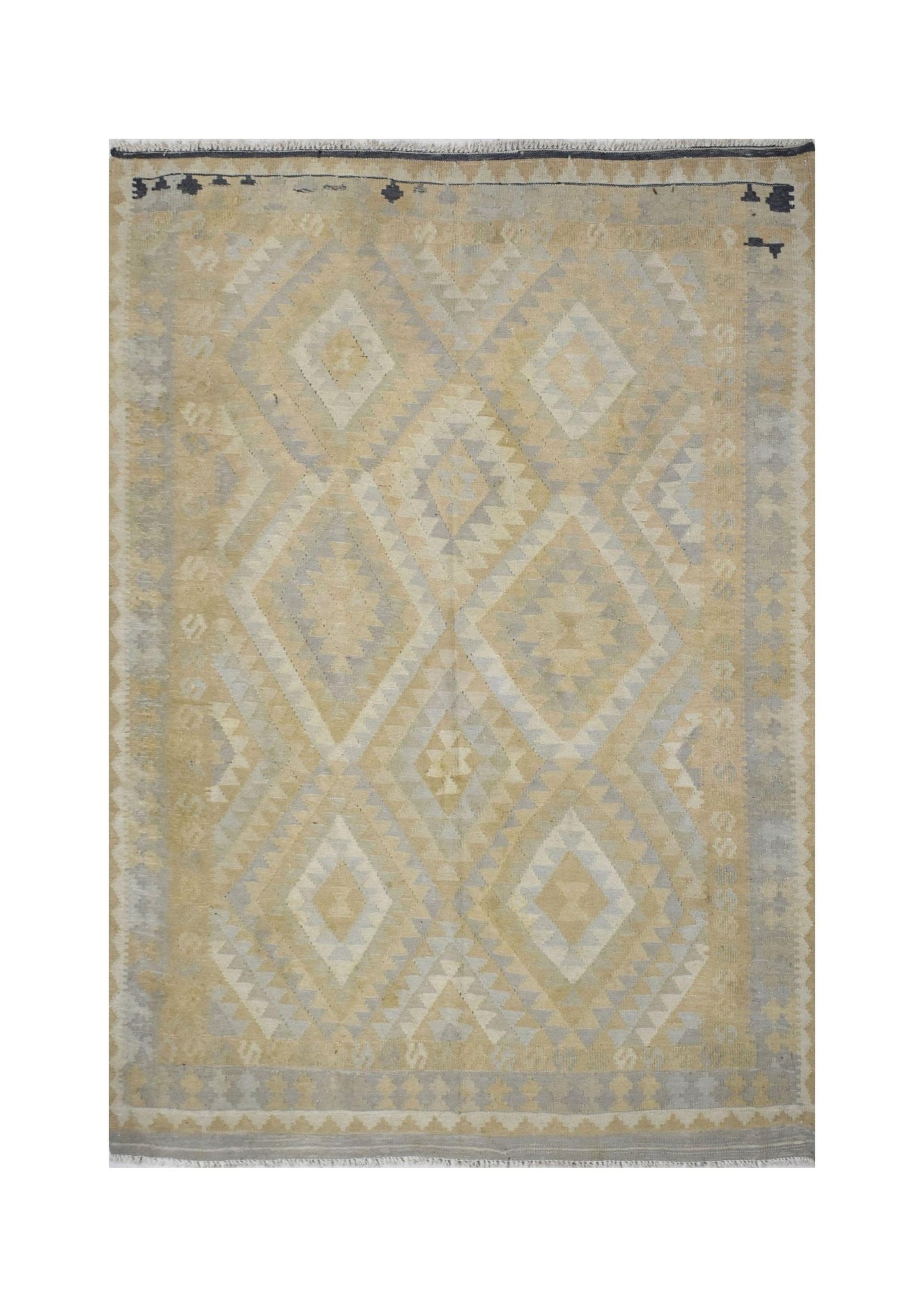 Handmade Afghan Maimana kilim rug featuring a geometric diamond pattern in neutral beige and grey.