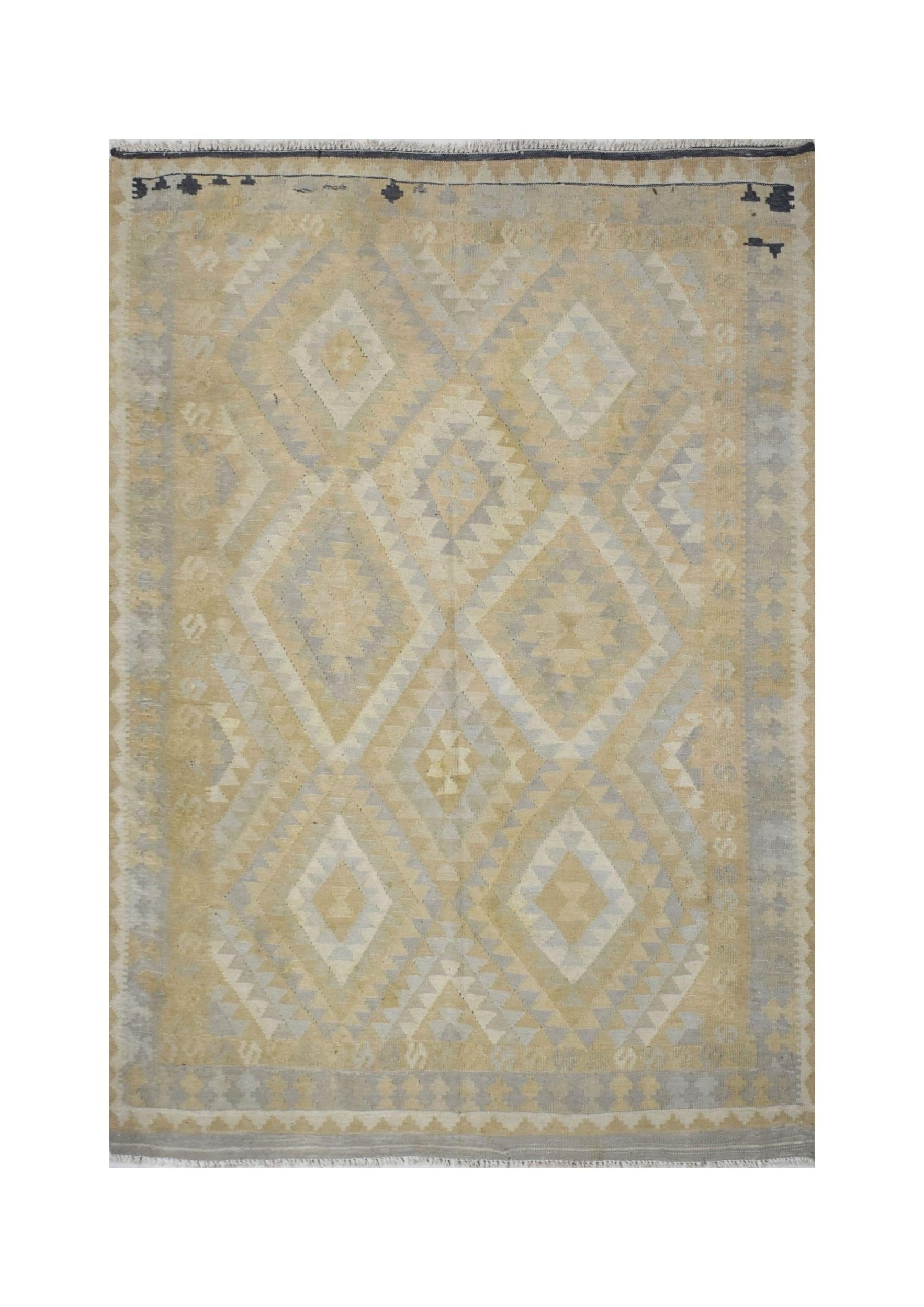 Handmade Afghan Maimana kilim rug featuring a geometric diamond pattern in neutral beige and grey.