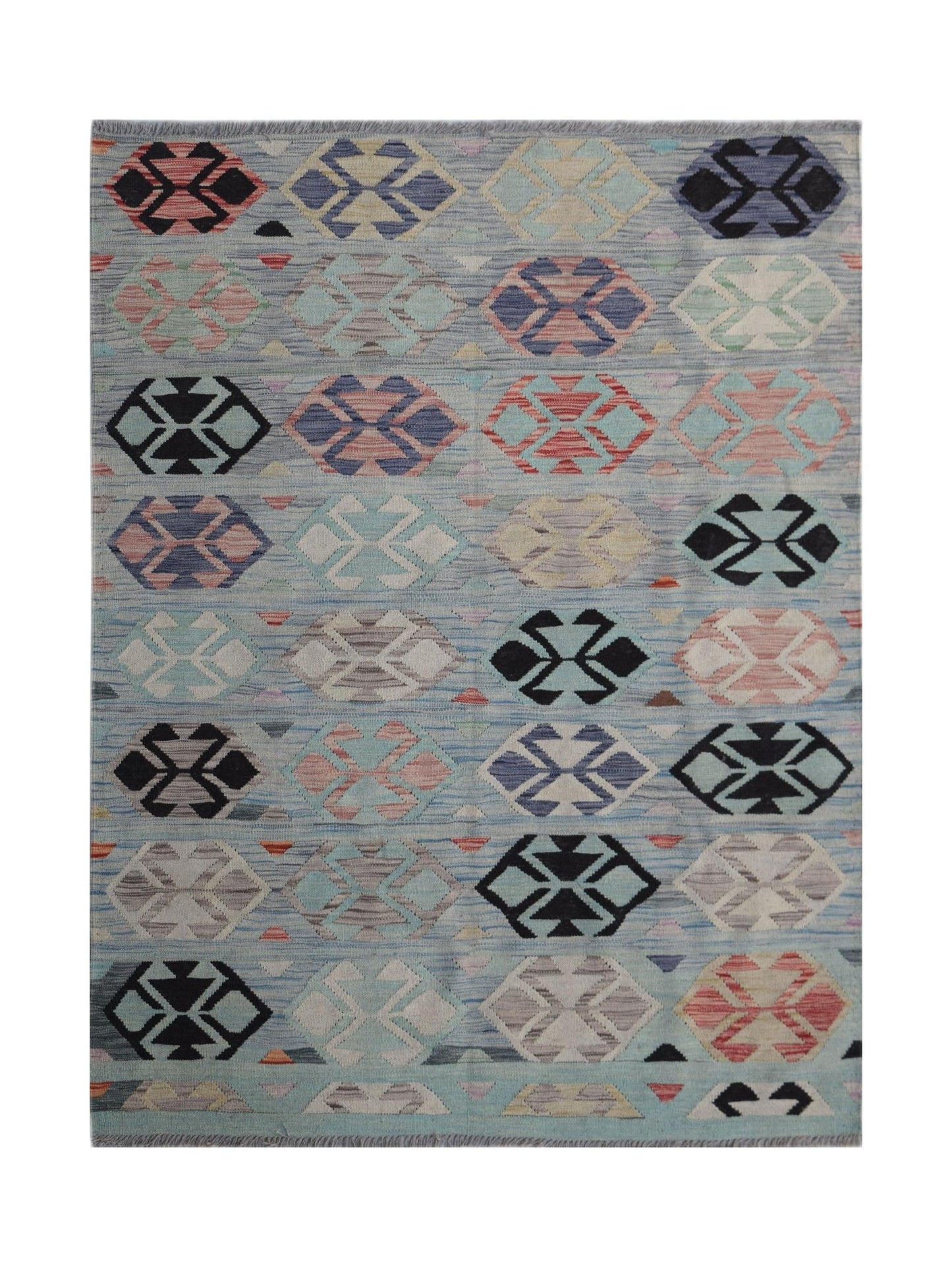 Handwoven Afghan Maimana kilim rug featuring a light blue background with geometric patterns.