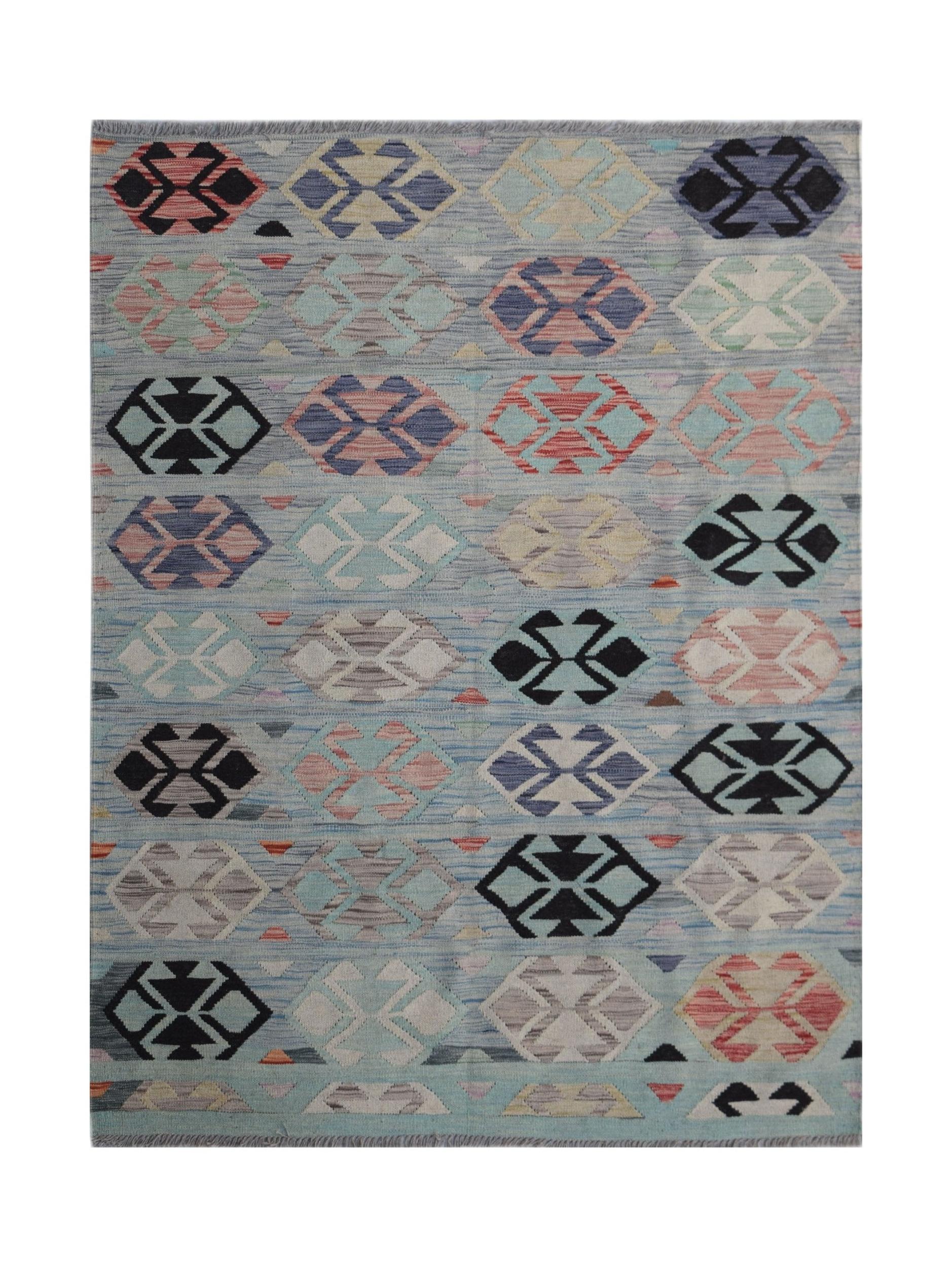 Handwoven Afghan Maimana kilim rug featuring a light blue background with geometric patterns.
