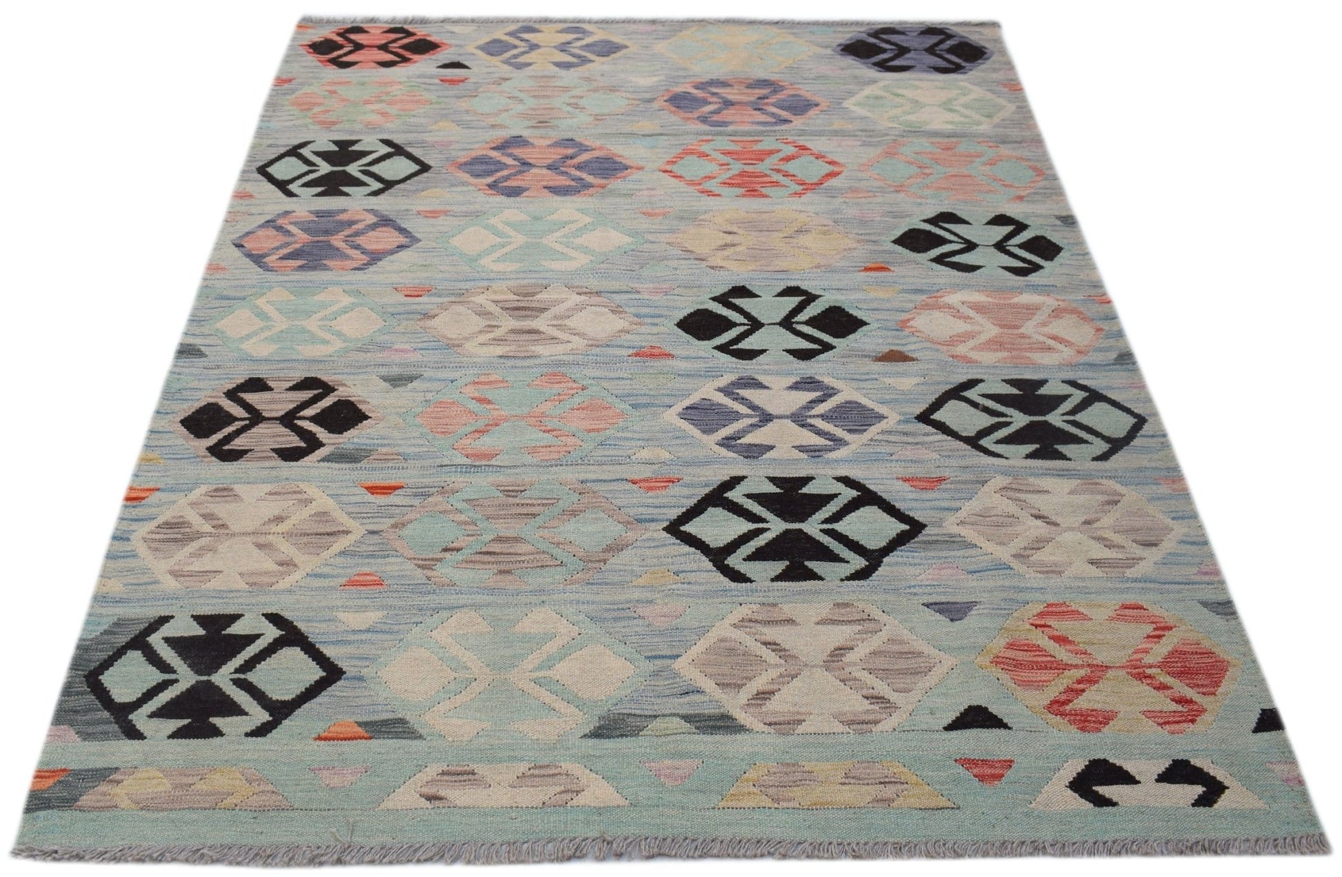 Handwoven Afghan Maimana kilim rug featuring a light blue background with geometric patterns.