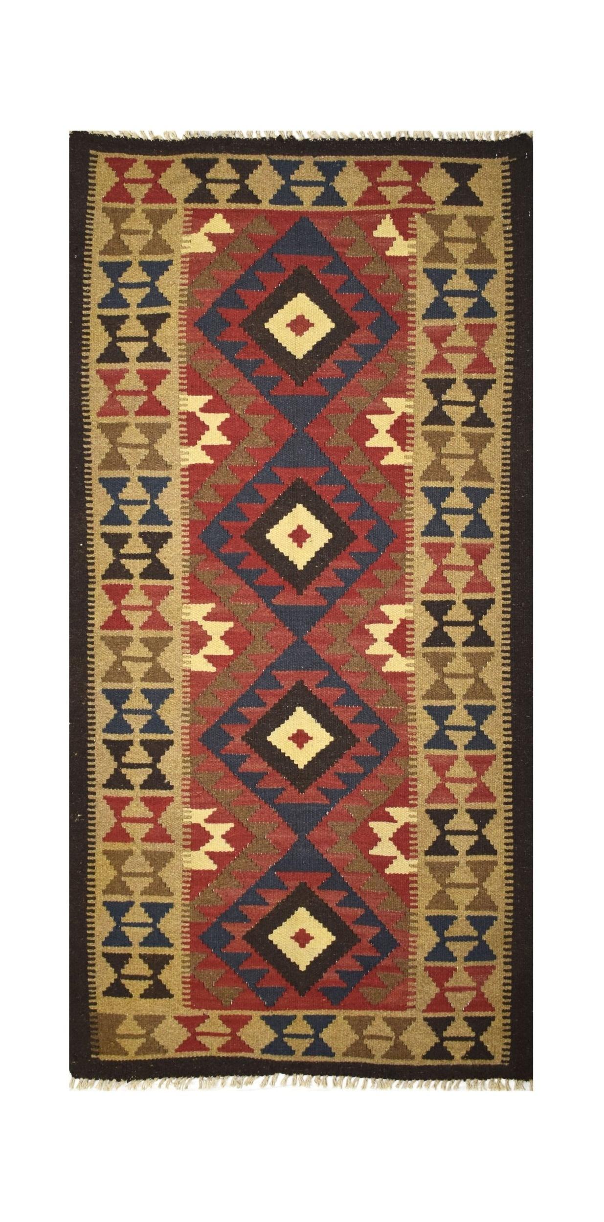 Handmade Afghan Maimana kilim rug featuring a geometric diamond pattern in red, blue, and tan.