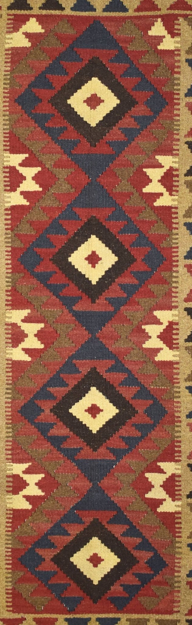 Handmade Afghan Maimana kilim rug featuring a repeating geometric diamond pattern in earthy tones.