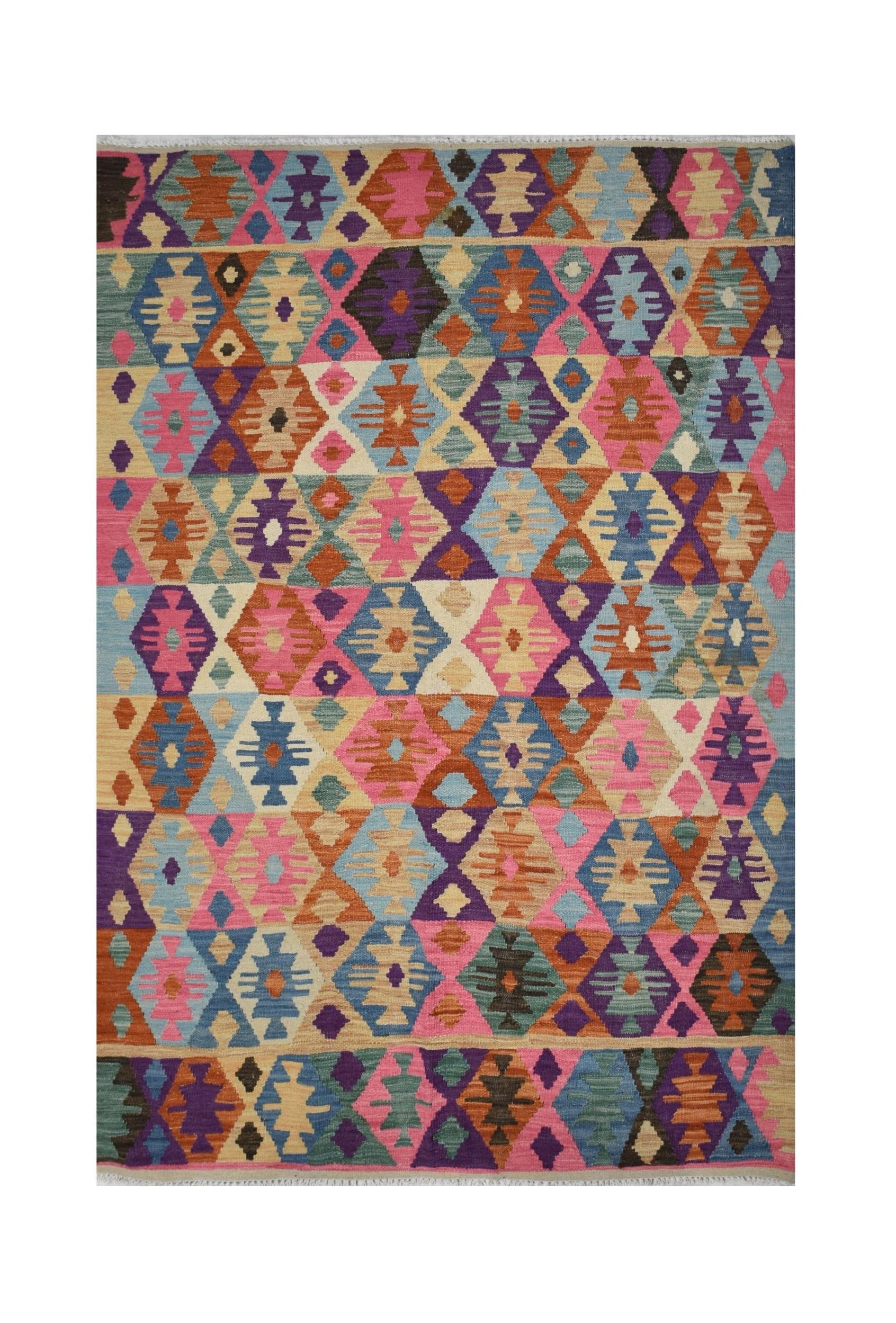Handmade Afghan Maimana kilim rug featuring a colorful geometric diamond pattern in wool.