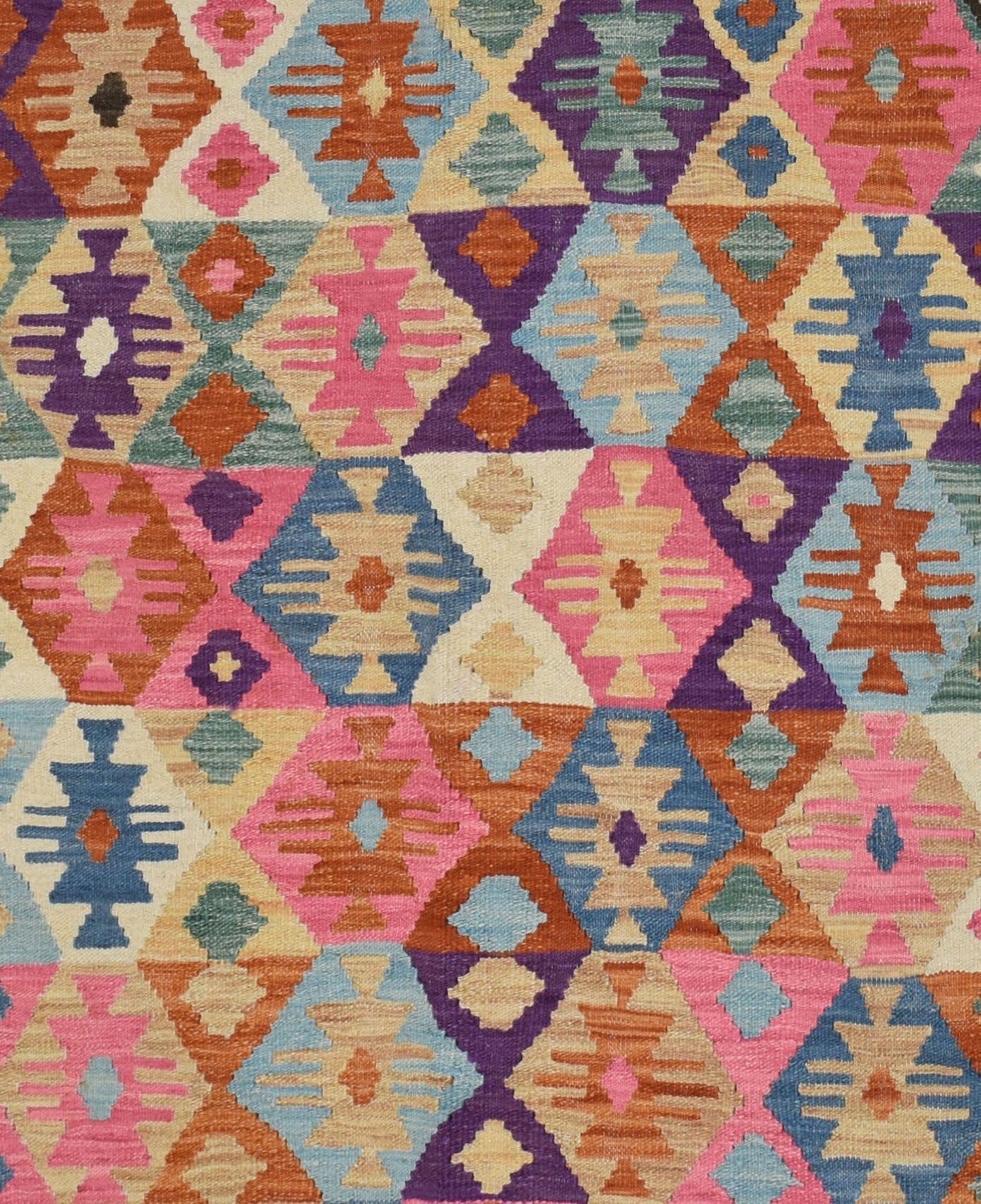 Handmade Afghan Maimana kilim rug featuring a vibrant geometric diamond pattern in wool.