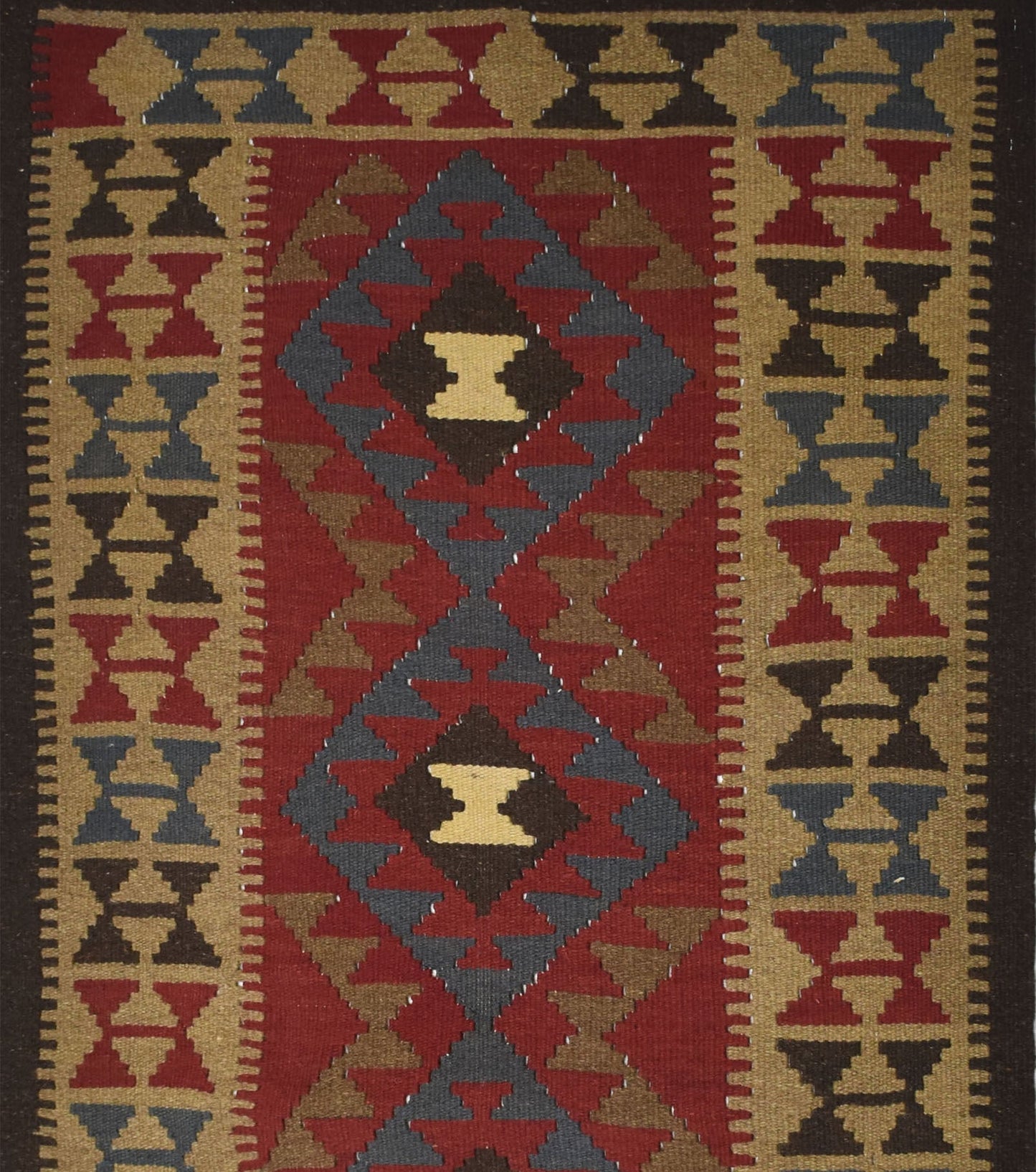 Handmade Afghan Maimana kilim rug featuring a geometric diamond pattern in red, blue, and tan.