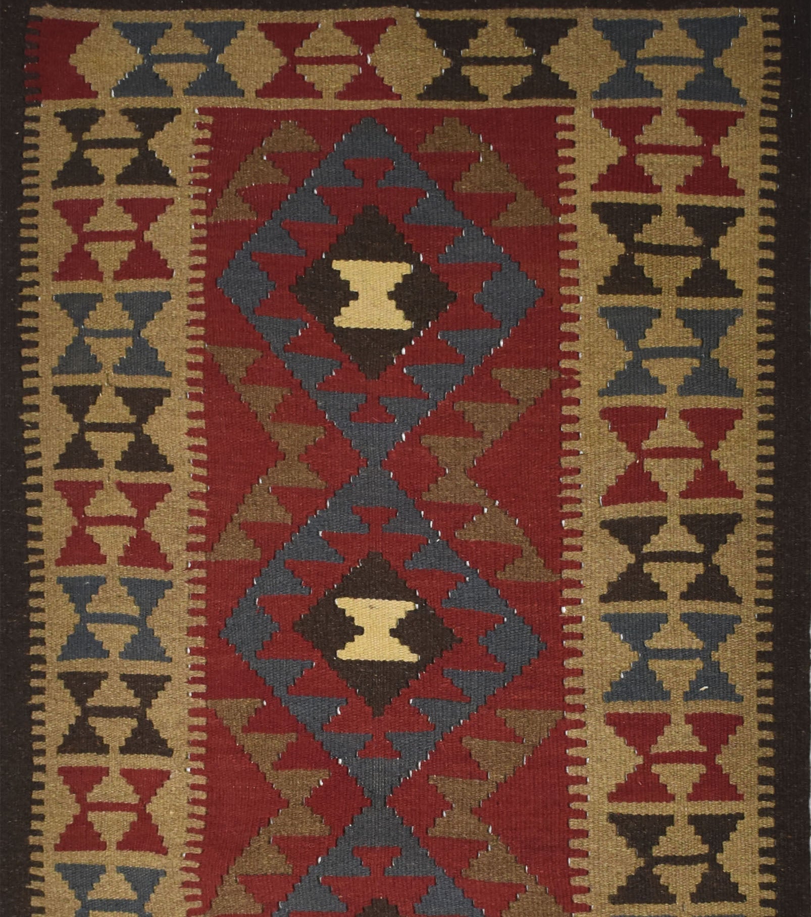 Handmade Afghan Maimana kilim rug featuring a geometric diamond pattern in red, blue, and tan.