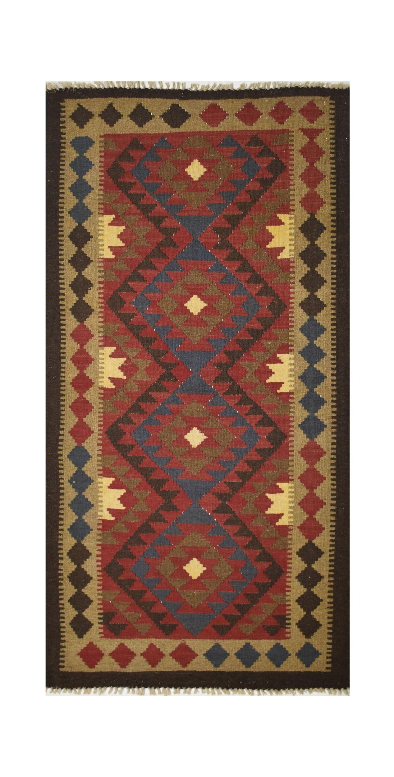 Handmade Afghan Maimana kilim rug featuring a geometric diamond pattern in red, blue, and tan.