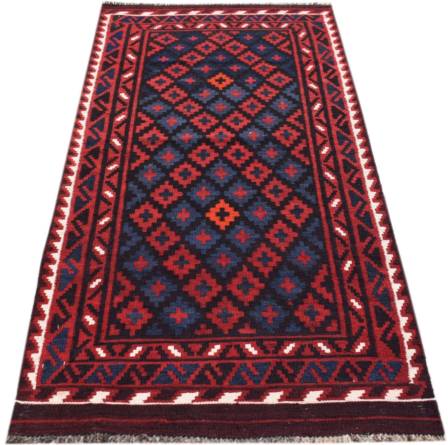 Handwoven Afghan Maimana kilim featuring a geometric diamond pattern in red and blue wool.
