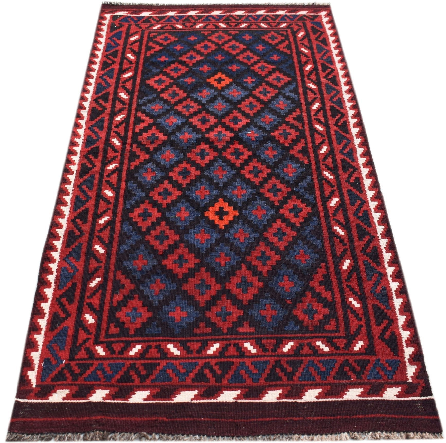 Handwoven Afghan Maimana kilim featuring a geometric diamond pattern in red and blue wool.