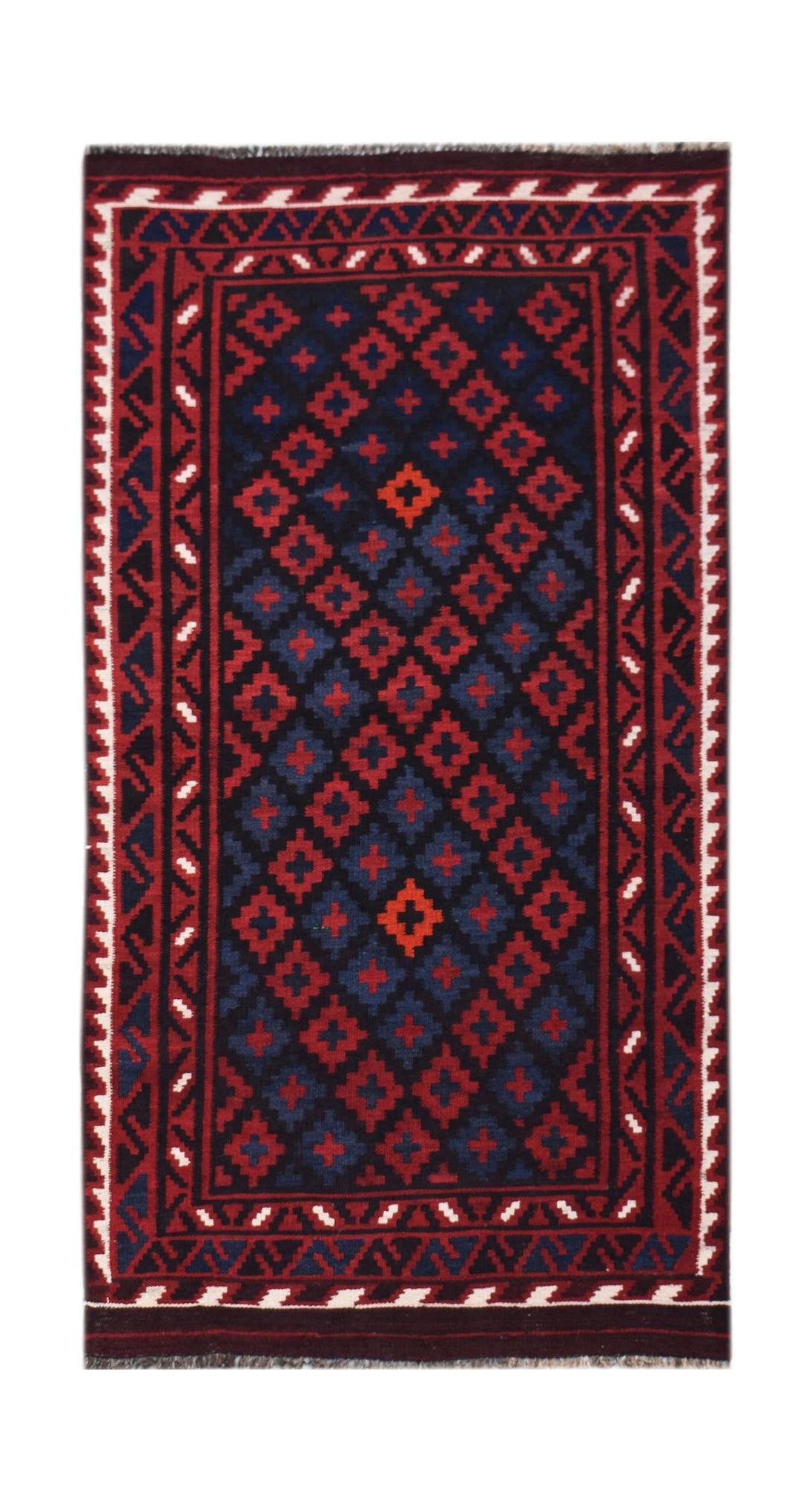 Handwoven Afghan Maimana kilim featuring a geometric pattern in red, blue, and black wool.