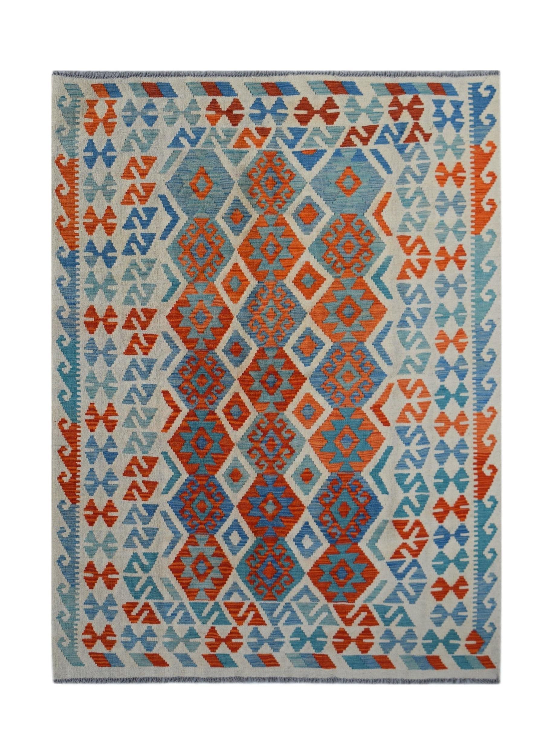 Handwoven Afghan Maimana kilim rug featuring a geometric diamond pattern in orange and blue.