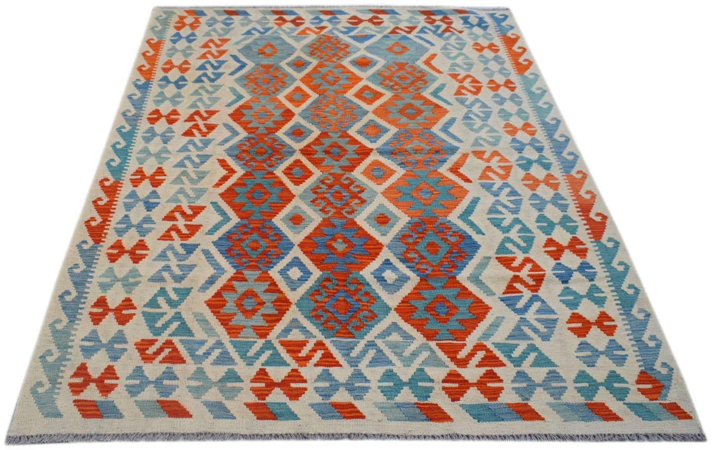 Handwoven Afghan Maimana kilim rug featuring a geometric diamond pattern in orange and blue.