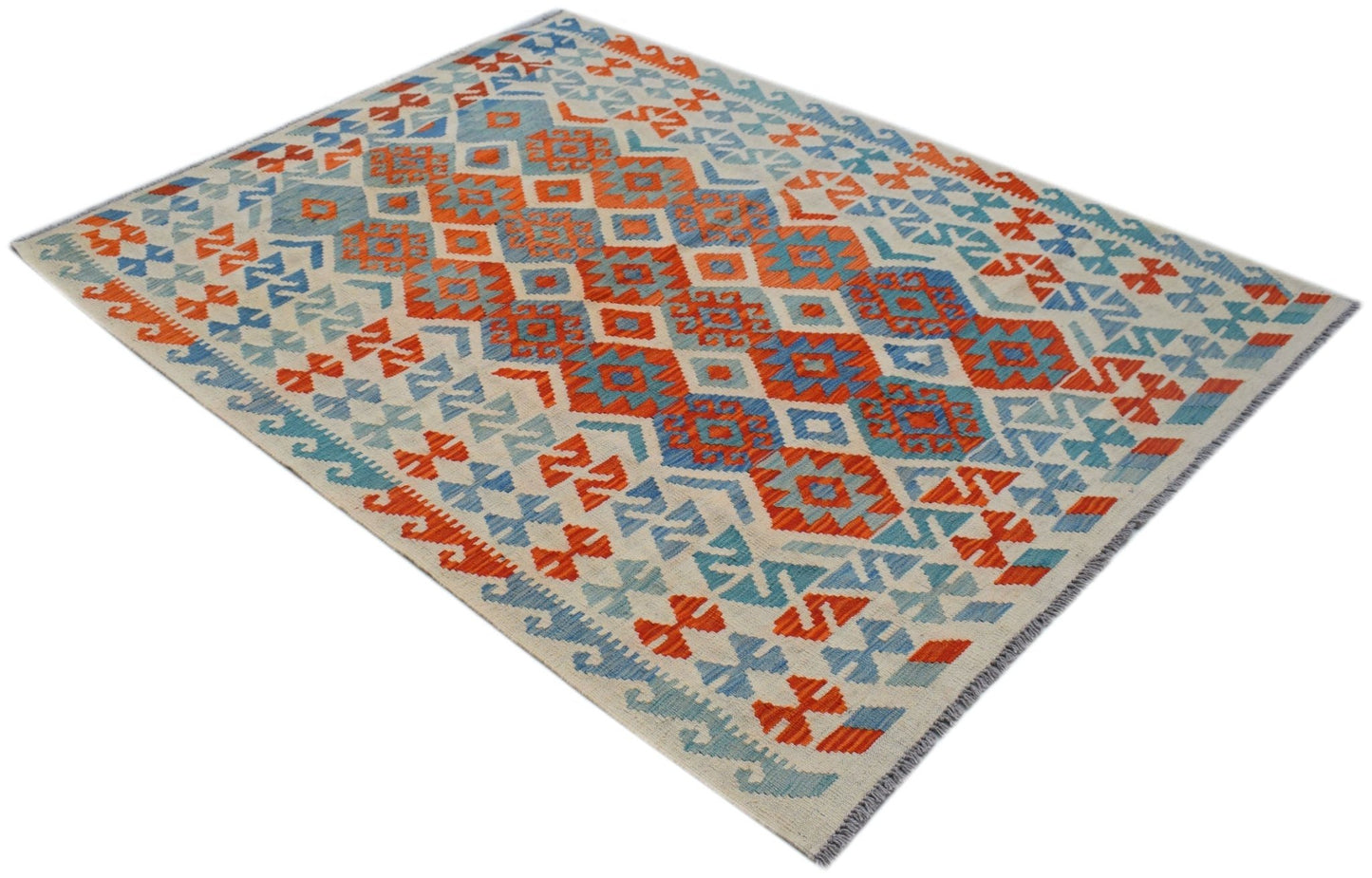 Handwoven Afghan Maimana kilim rug featuring a geometric pattern in orange, blue, and cream wool.