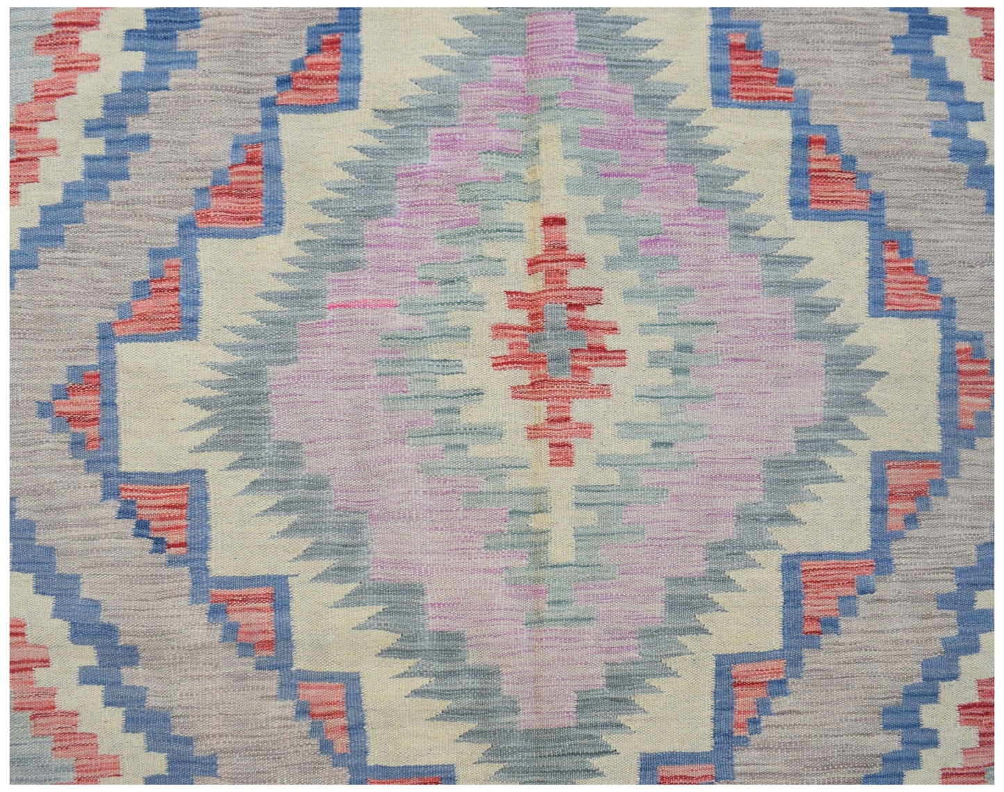 Handwoven Afghan Maimana kilim featuring a geometric diamond pattern in soft pastel tones.