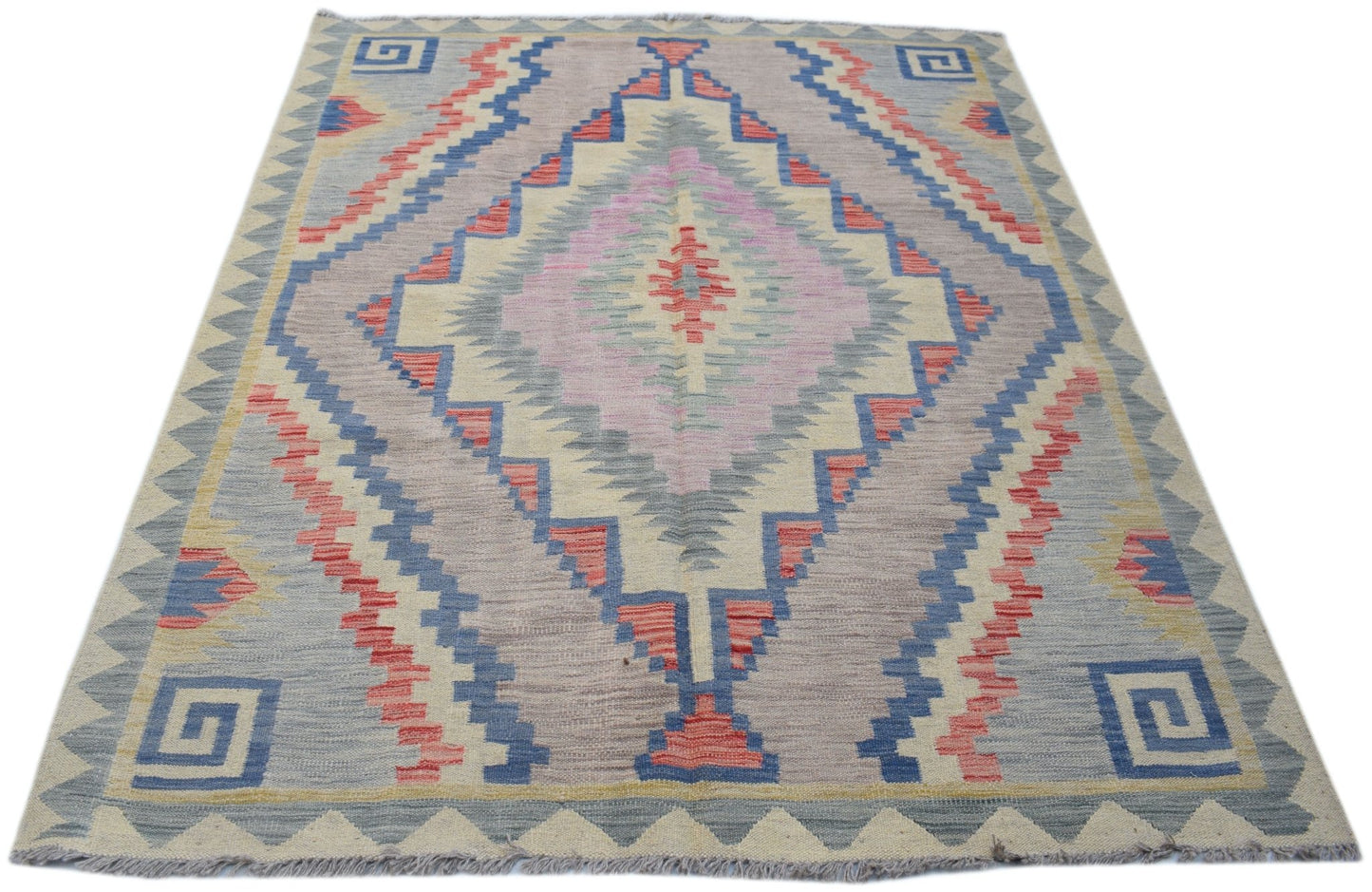 Handwoven Afghan Maimana kilim rug featuring a geometric diamond pattern in soft pastel tones.