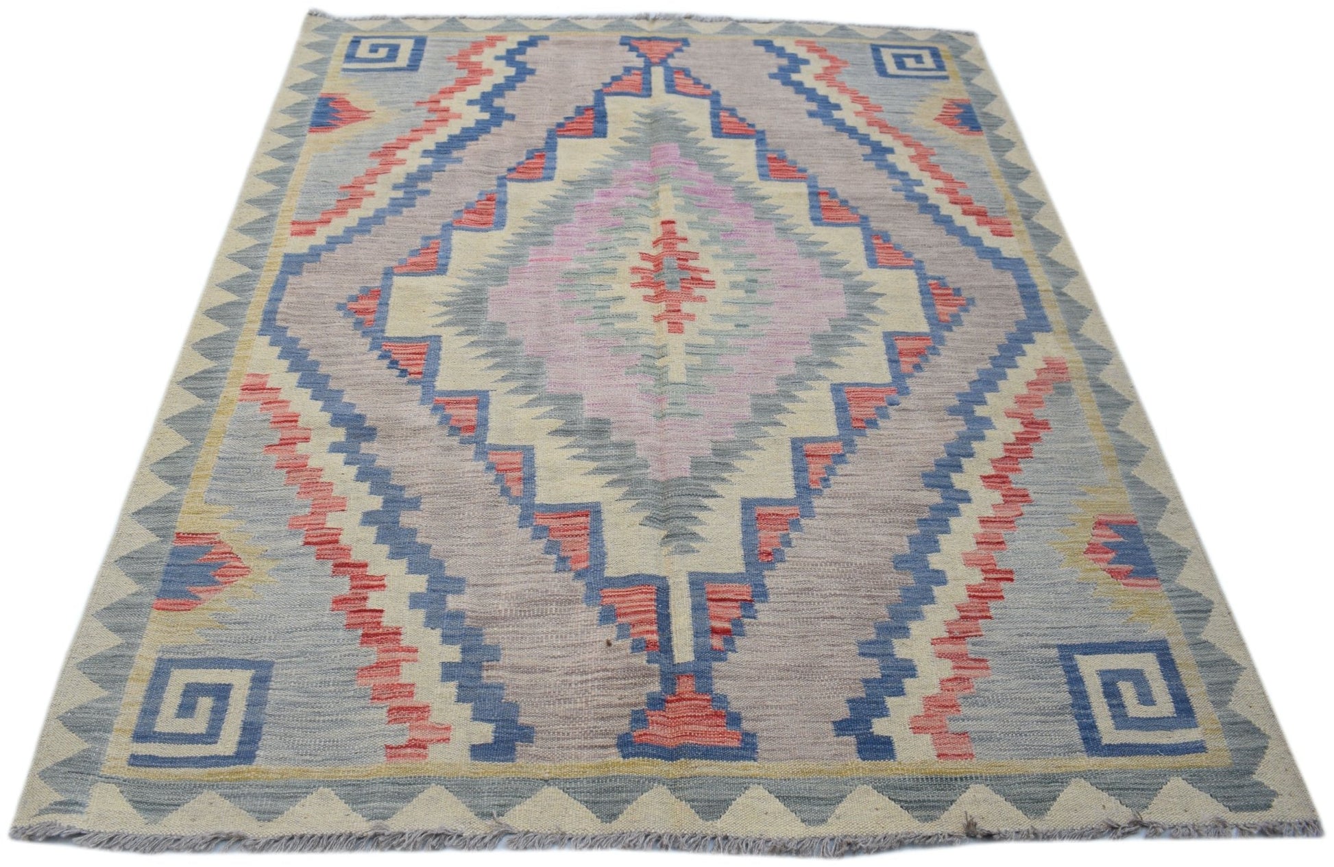 Handwoven Afghan Maimana kilim rug featuring a geometric diamond pattern in soft pastel tones.