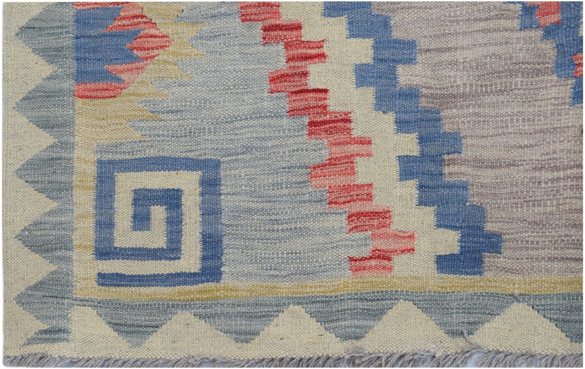 Handwoven Afghan Maimana kilim rug featuring geometric patterns in blue, red, and beige tones.