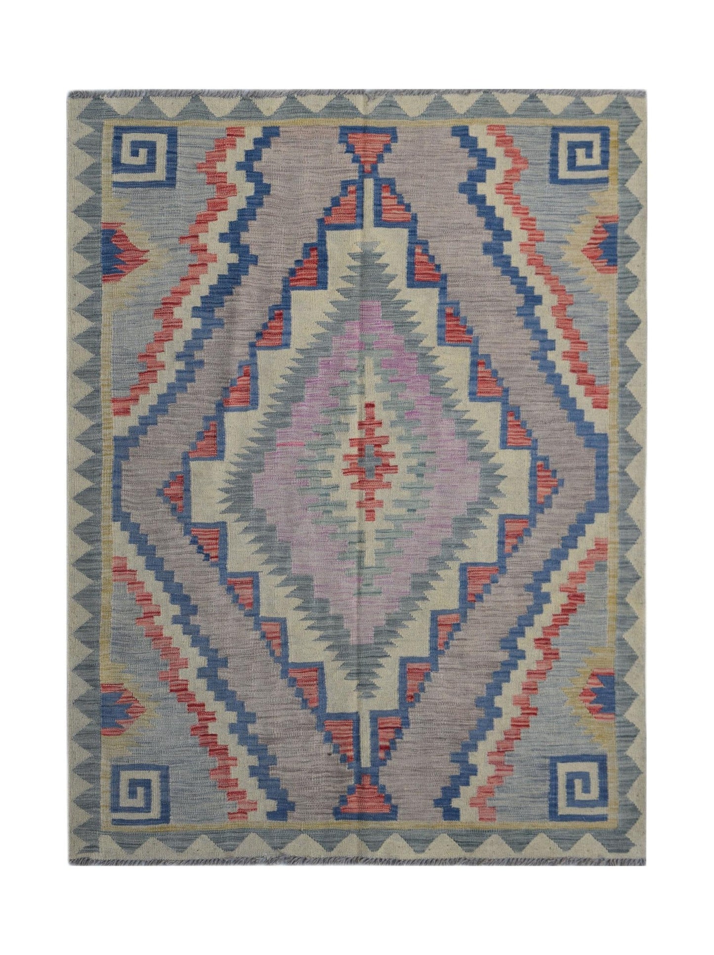 Handwoven Afghan Maimana kilim rug featuring a geometric diamond pattern in muted tones.