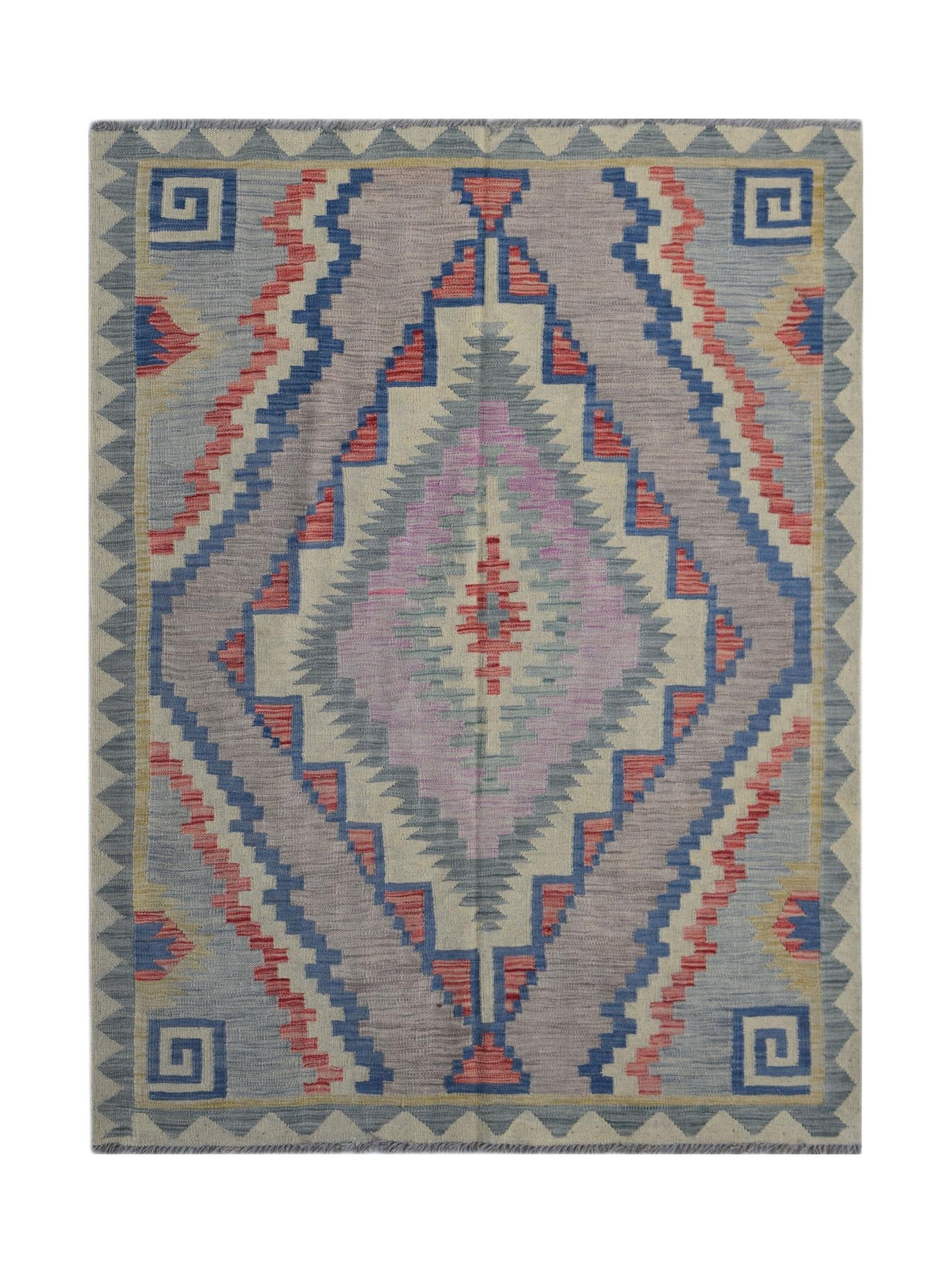Handwoven Afghan Maimana kilim rug featuring a geometric diamond pattern in muted tones.