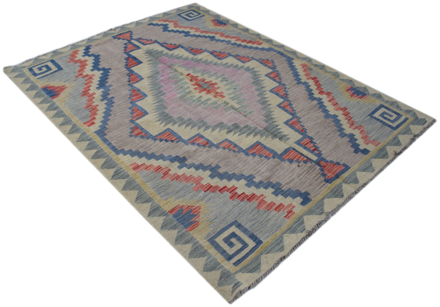 Handwoven Afghan Maimana kilim rug featuring a geometric diamond pattern in muted earth tones.