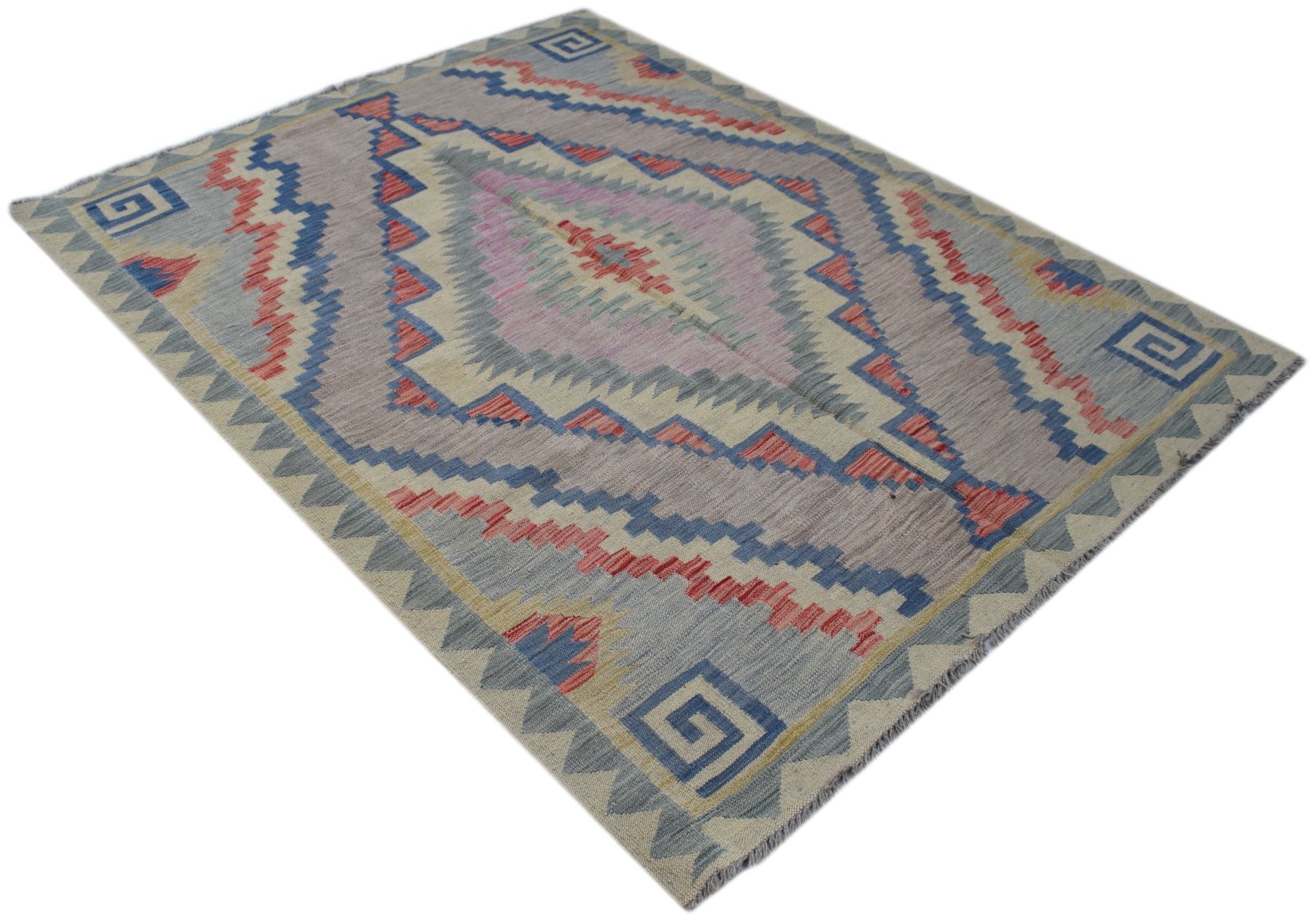 Handwoven Afghan Maimana kilim rug featuring a geometric diamond pattern in muted earth tones.