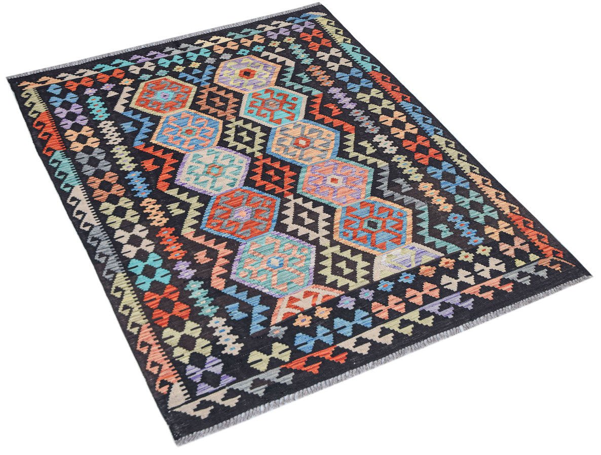 Afghan Maimana Kilim with geometric patterns in multiple colors on a black background.