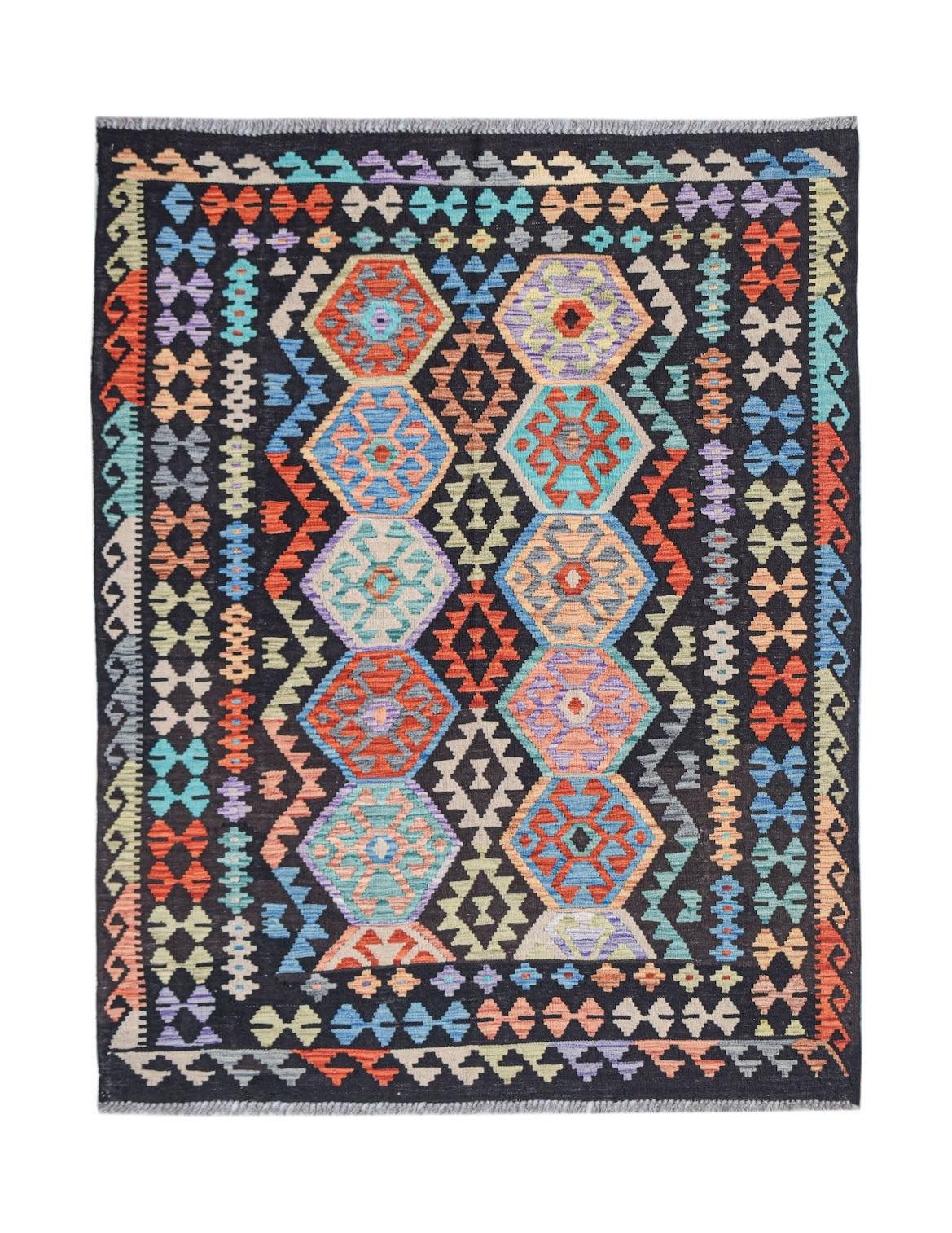 Handwoven Afghan Maimana kilim rug featuring a geometric pattern in vibrant multicolored wool.