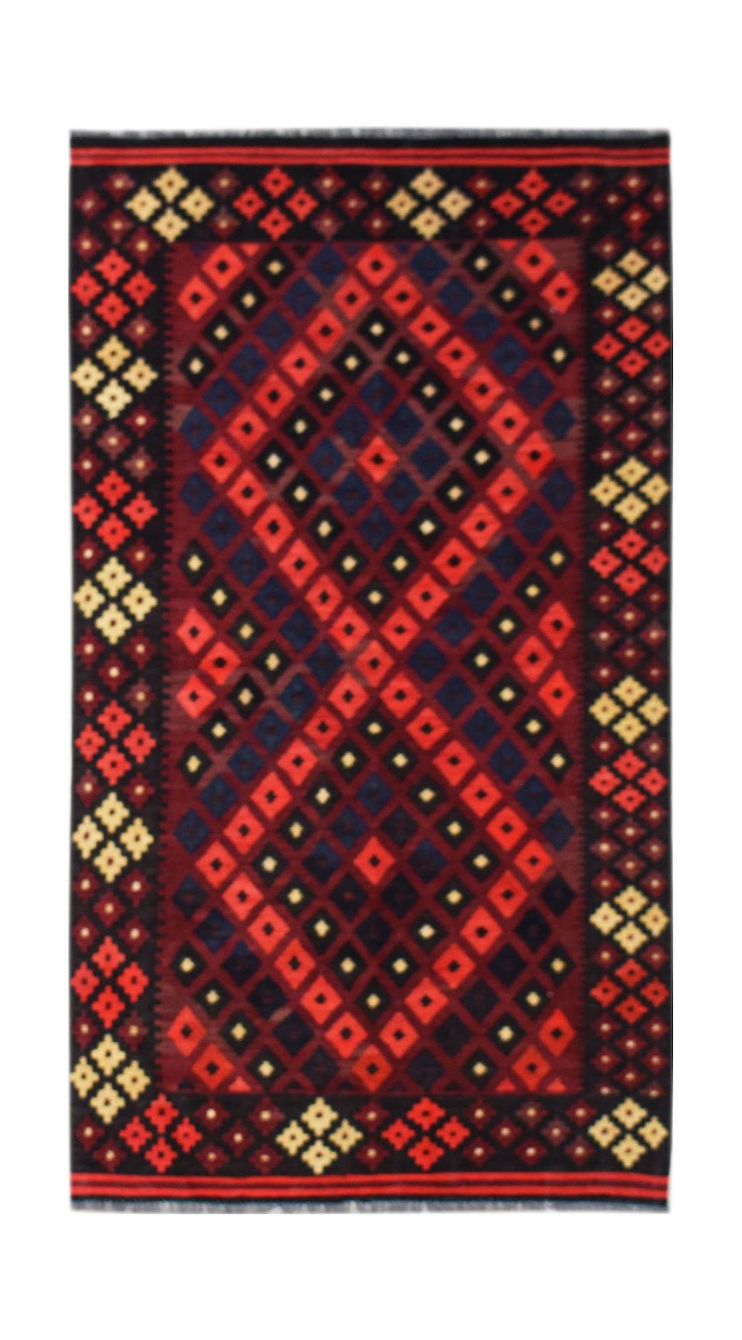 Handwoven Afghan Maimana kilim featuring a geometric diamond pattern in red, blue, and cream wool.
