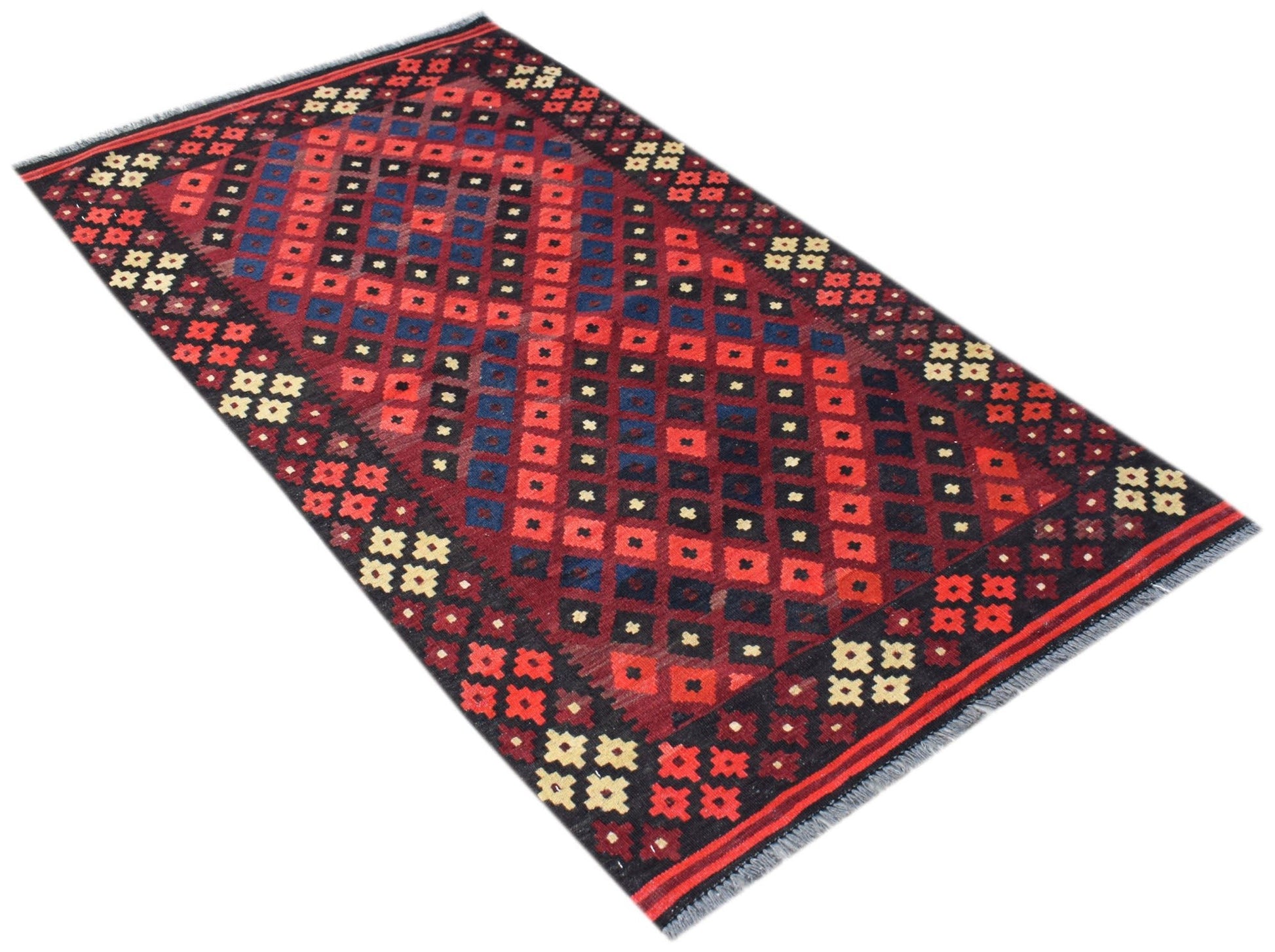 Handwoven Afghan Maimana kilim rug featuring a geometric diamond pattern in red, blue, and black.