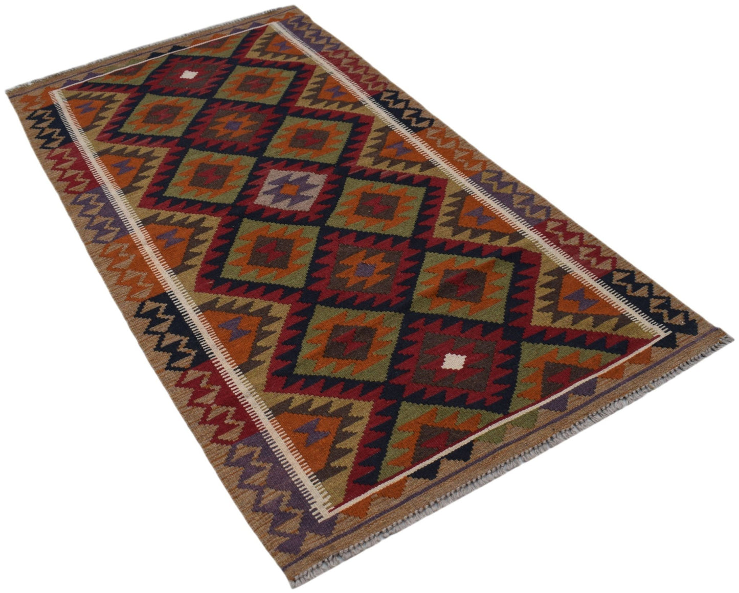 Handwoven Afghan Maimana kilim rug featuring a geometric diamond pattern in earthy tones.